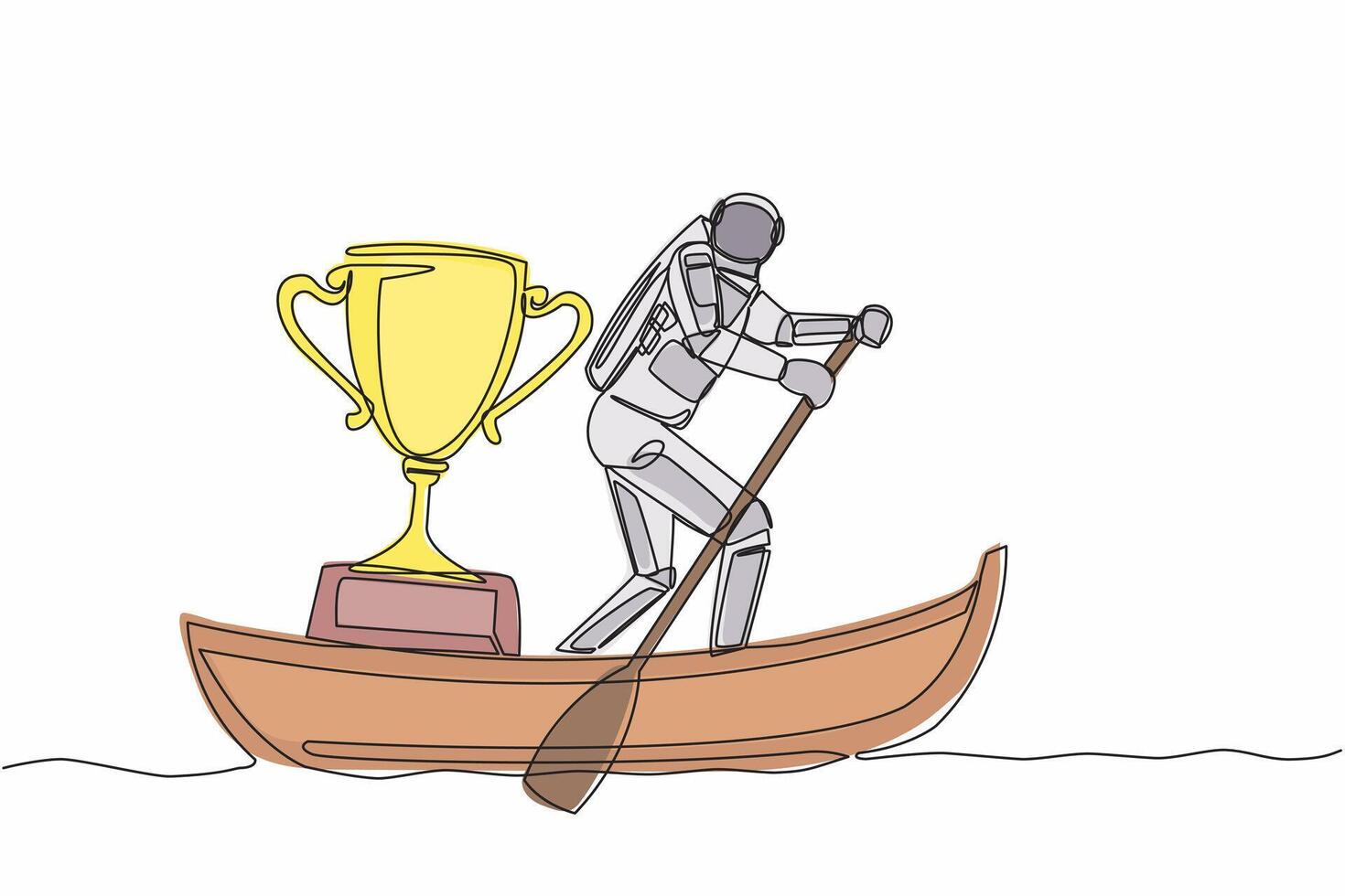 Single continuous line drawing young astronaut sailing away on boat with trophy. Victory and rewards for space exploration missions. Cosmonaut deep space. One line graphic design vector illustration