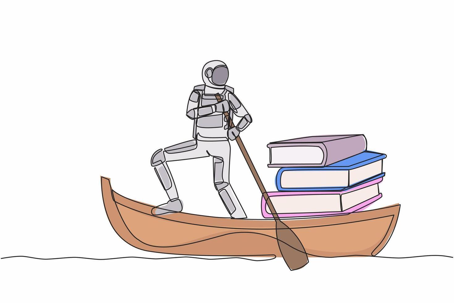 Continuous one line drawing astronaut sailing away on boat with pile of books. higher education and learning to become a cosmonaut. Cosmonaut outer space. Single line draw design vector illustration