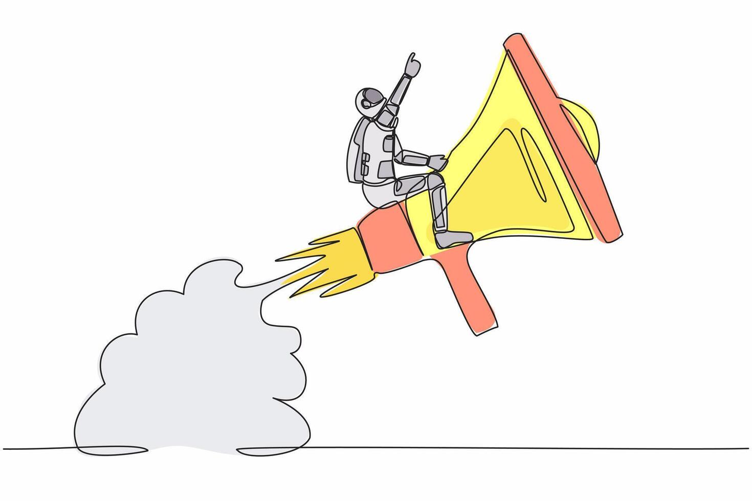 Single one line drawing astronaut riding megaphone rocket flying in moon surface. Communication skills in intergalactic roaming teams. Cosmic galaxy space. Continuous line design vector illustration