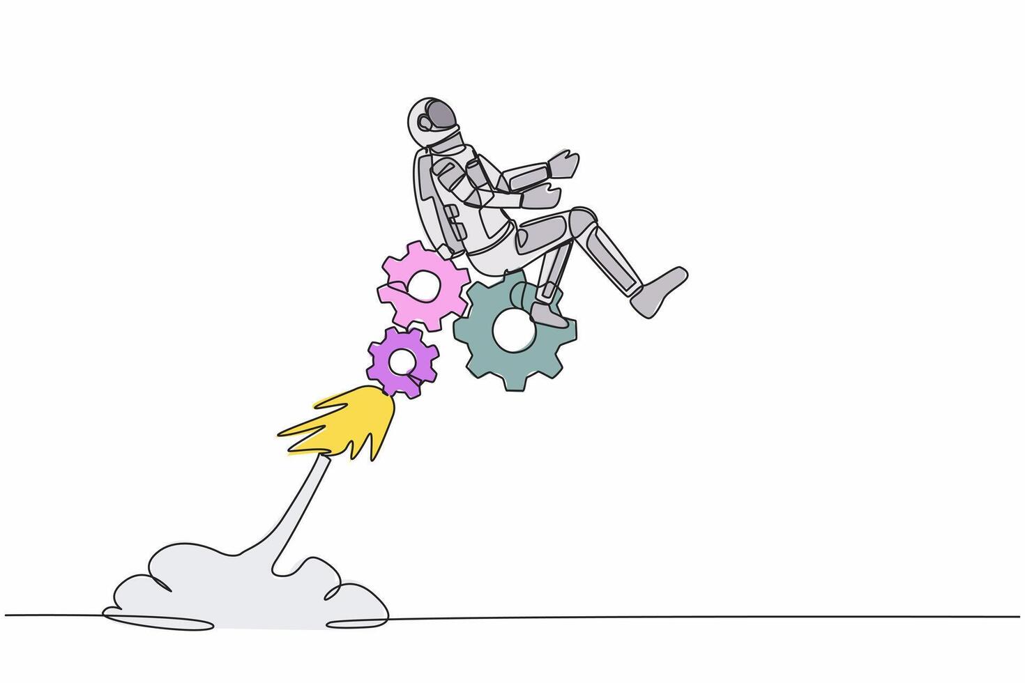 Single continuous line drawing of young astronaut riding gear rocket flying in moon surface. Problem solving mechanisms in space company. Cosmonaut deep space. One line draw design vector illustration