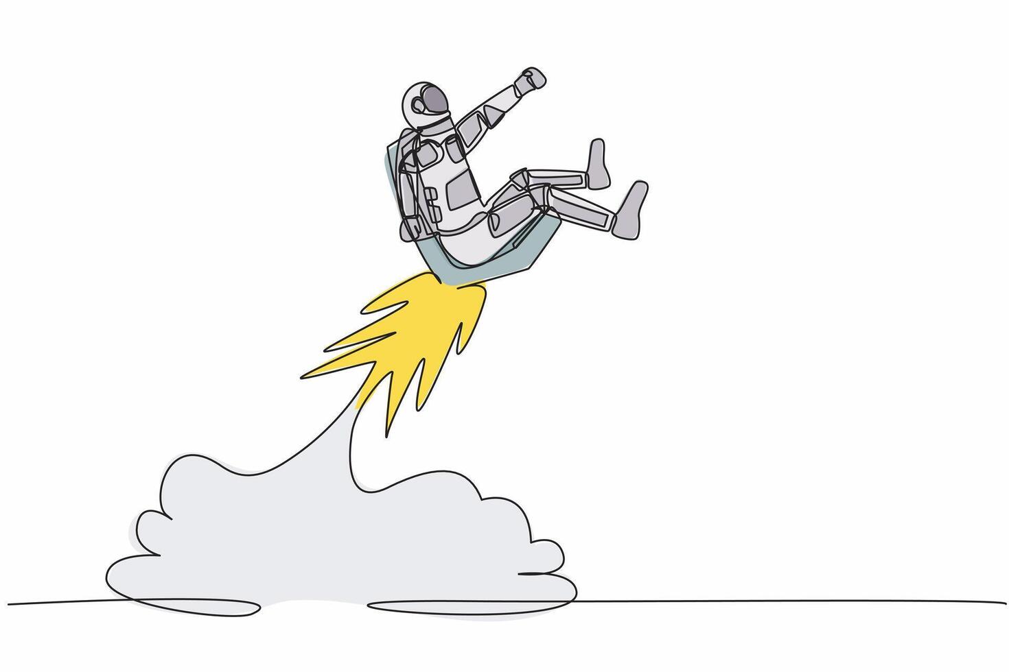 Continuous one line drawing astronaut riding chair rocket flying in moon surface. Human resource development in aerospace companies. Cosmonaut outer space. Single line draw design vector illustration