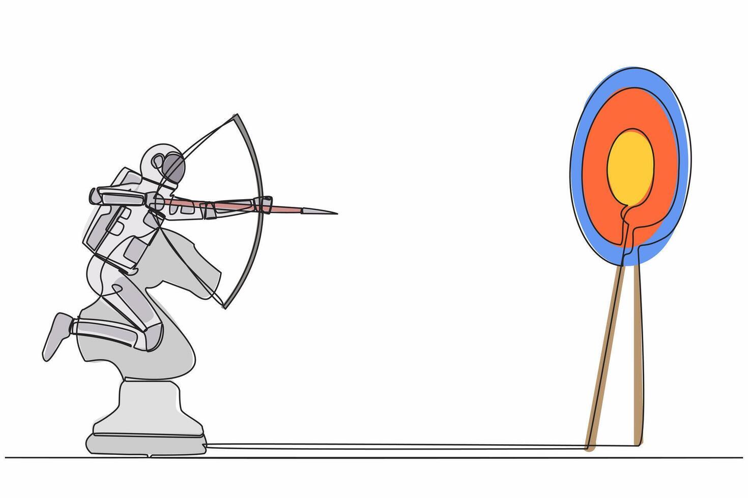 Single one line drawing astronaut holding arrow and aiming target while riding chess knight horse in moon surface. Cosmic galaxy space concept. Continuous line draw design graphic vector illustration