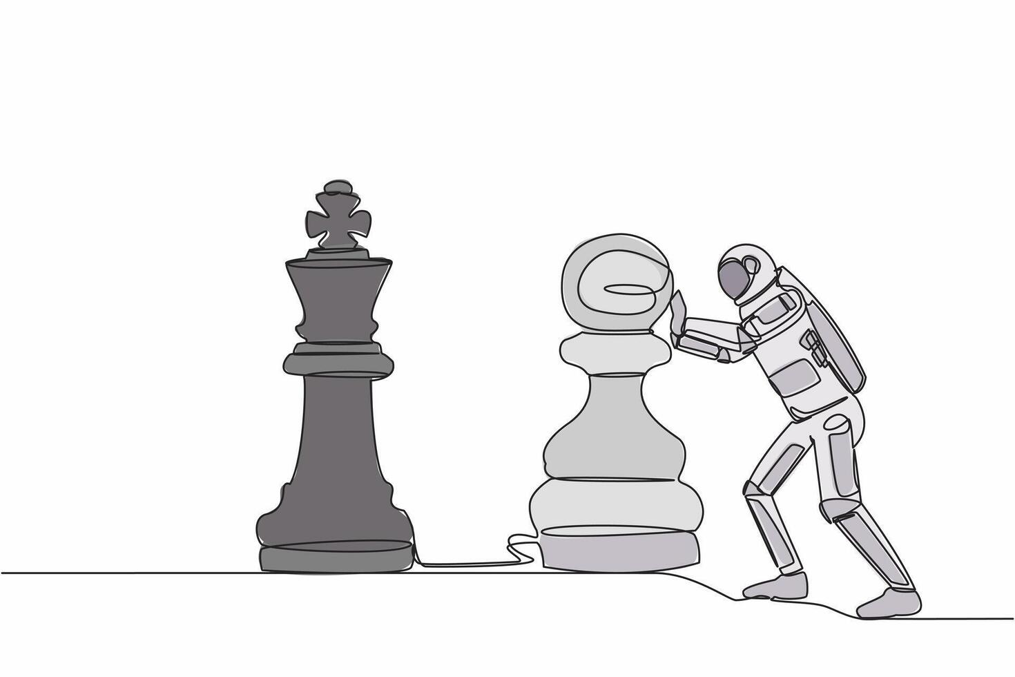 Continuous one line drawing astronaut push huge pawn chess piece to take down king. Big dreams conquer intergalactic exploration. Cosmonaut outer space. Single line design vector graphic illustration
