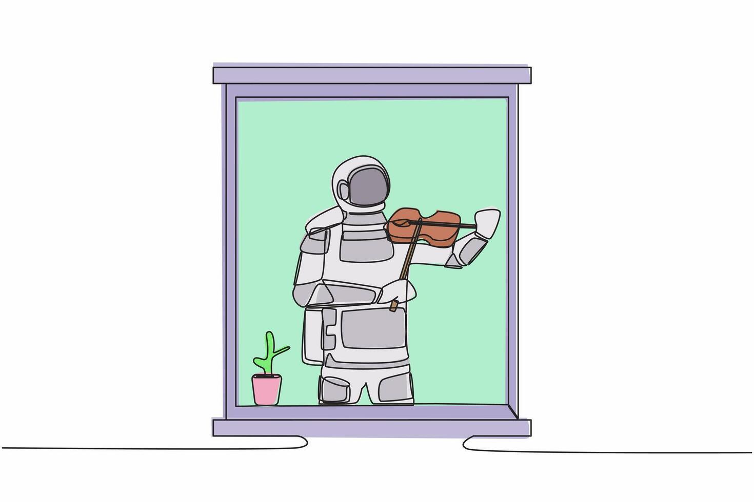 soltero continuo línea dibujo joven astronauta músico en pie cerca ventana y jugando violín en habitación a hogar en Luna superficie. cosmonauta profundo espacio concepto. uno línea dibujar diseño vector ilustración