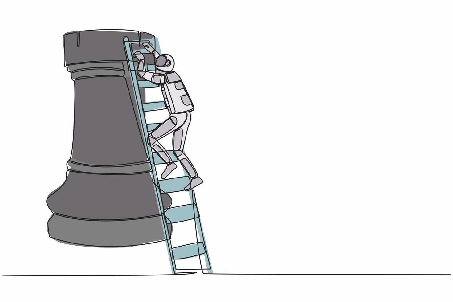 Single one line drawing astronaut climbing huge rook chess piece with ladder. Stages of success in preparing for space exploration. Cosmic galaxy space. Continuous line draw design vector illustration