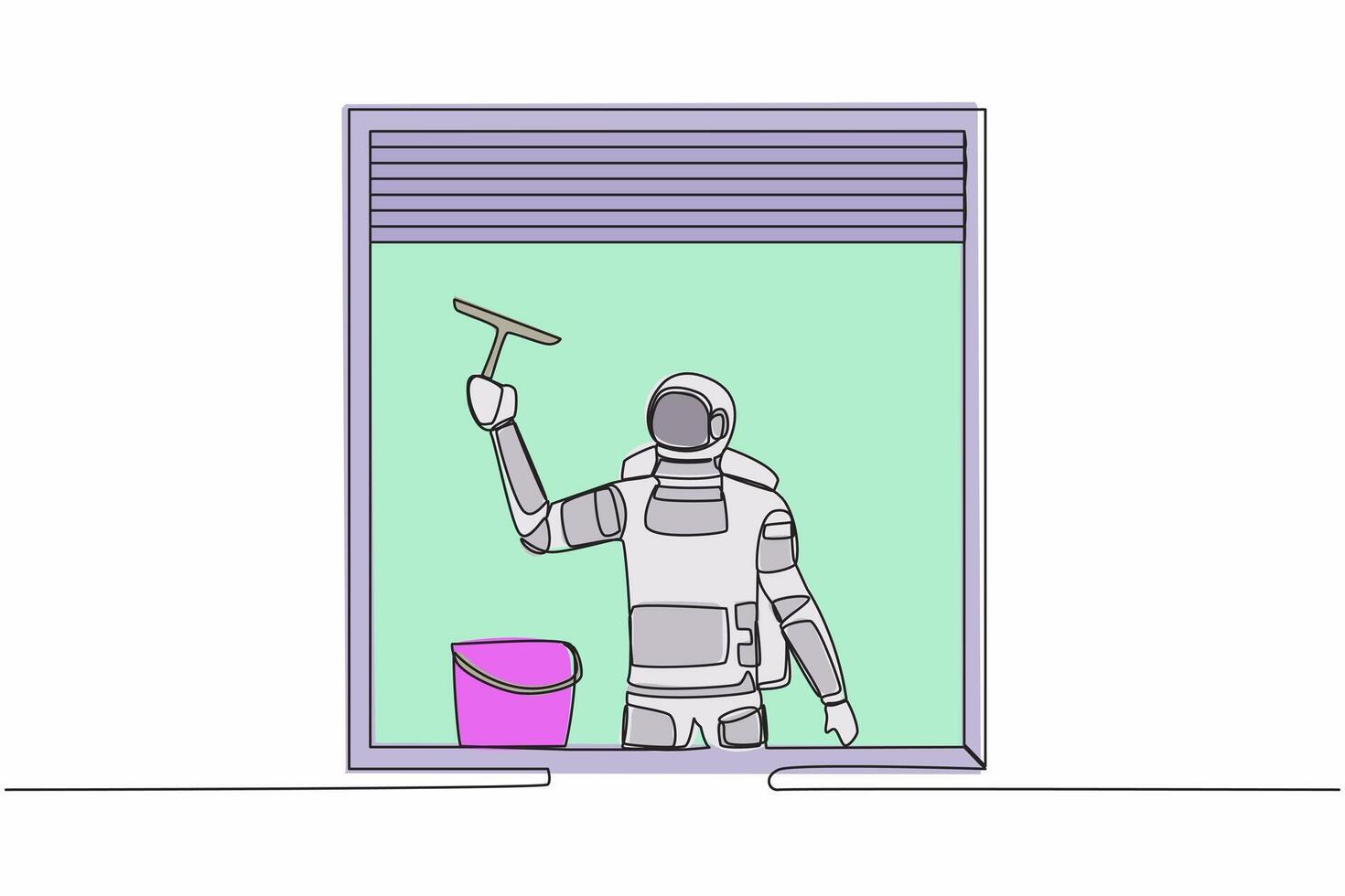 Single one line drawing young astronaut cleaning windows with bucket, glass cleaner tools in moon surface. Cosmic galaxy space concept. Modern continuous line draw design graphic vector illustration