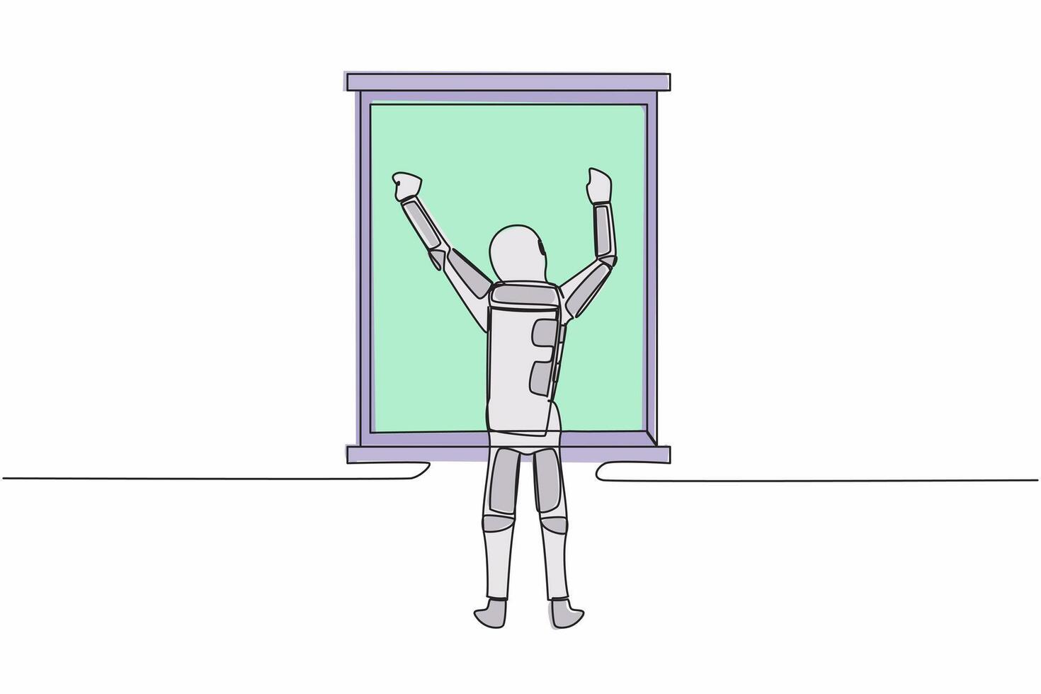 Single one line drawing back view relaxed young astronaut stretching arms in window. Good morning in moon surface. Cosmic galaxy space concept. Continuous line draw graphic design vector illustration