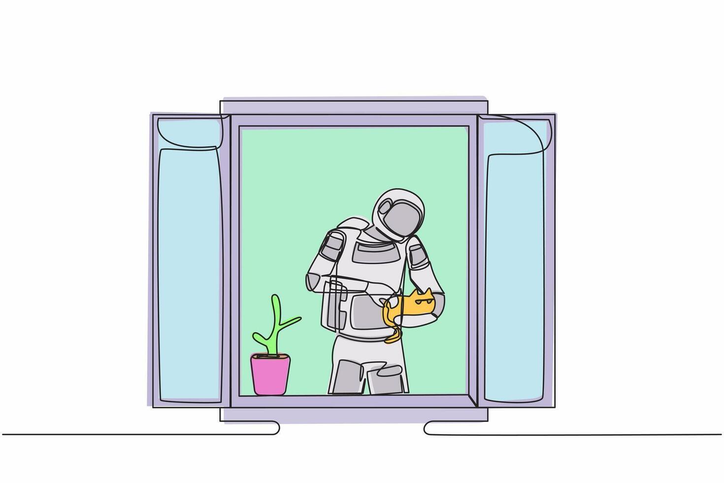 Continuous one line drawing young astronaut with houseplant holding cat and looking through window in moon surface. Cosmonaut outer space concept. Single line draw graphic design vector illustration