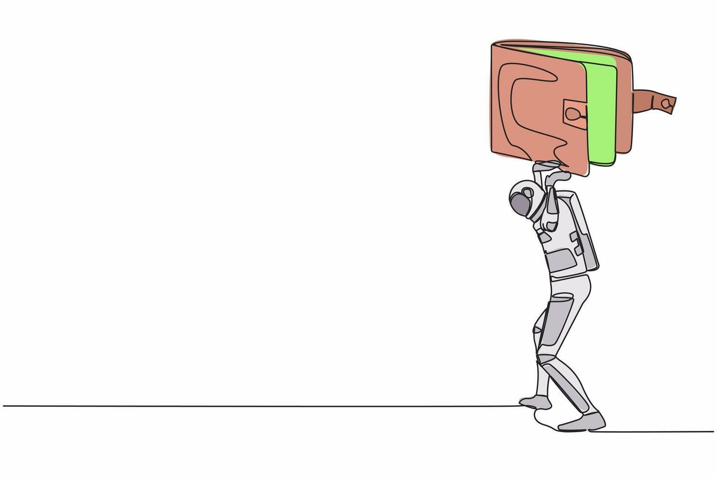 Single continuous line drawing of young astronaut carrying heavy wallet on his back. Financial economic crisis at spaceship industry. Cosmonaut deep space. One line design vector graphic illustration