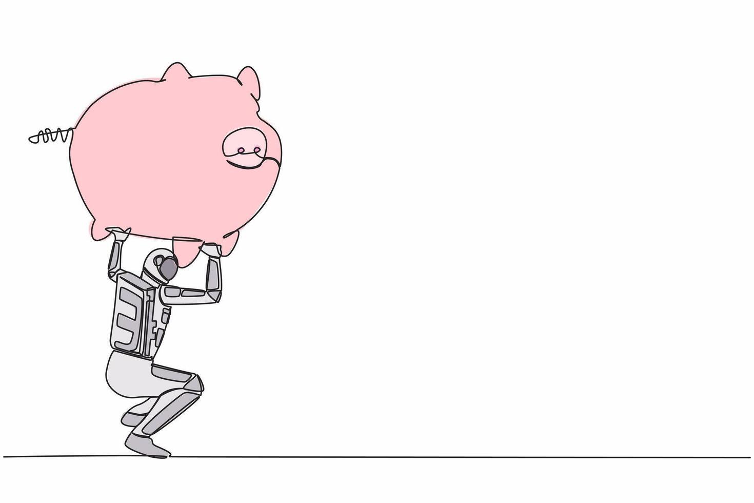 Single continuous line drawing astronaut carrying heavy piggy bank on his back. Broke and financial problems in space industry. Cosmonaut deep space. One line draw design vector graphic illustration