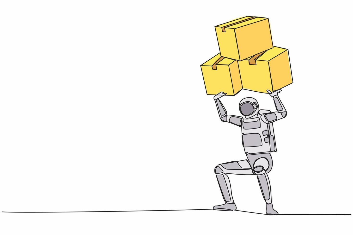 Continuous one line drawing young astronaut carrying heavy pile of box on his back. Overworked spaceman with stack of cardboard. Cosmonaut outer space. Single line graphic design vector illustration