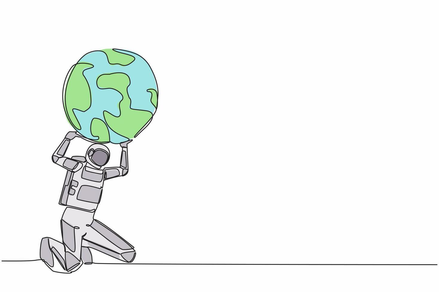 Continuous one line drawing astronaut carrying heavy globe on his back. Earth exploitation, galactic pollution. World population crisis. Cosmonaut outer space. Single line design vector illustration