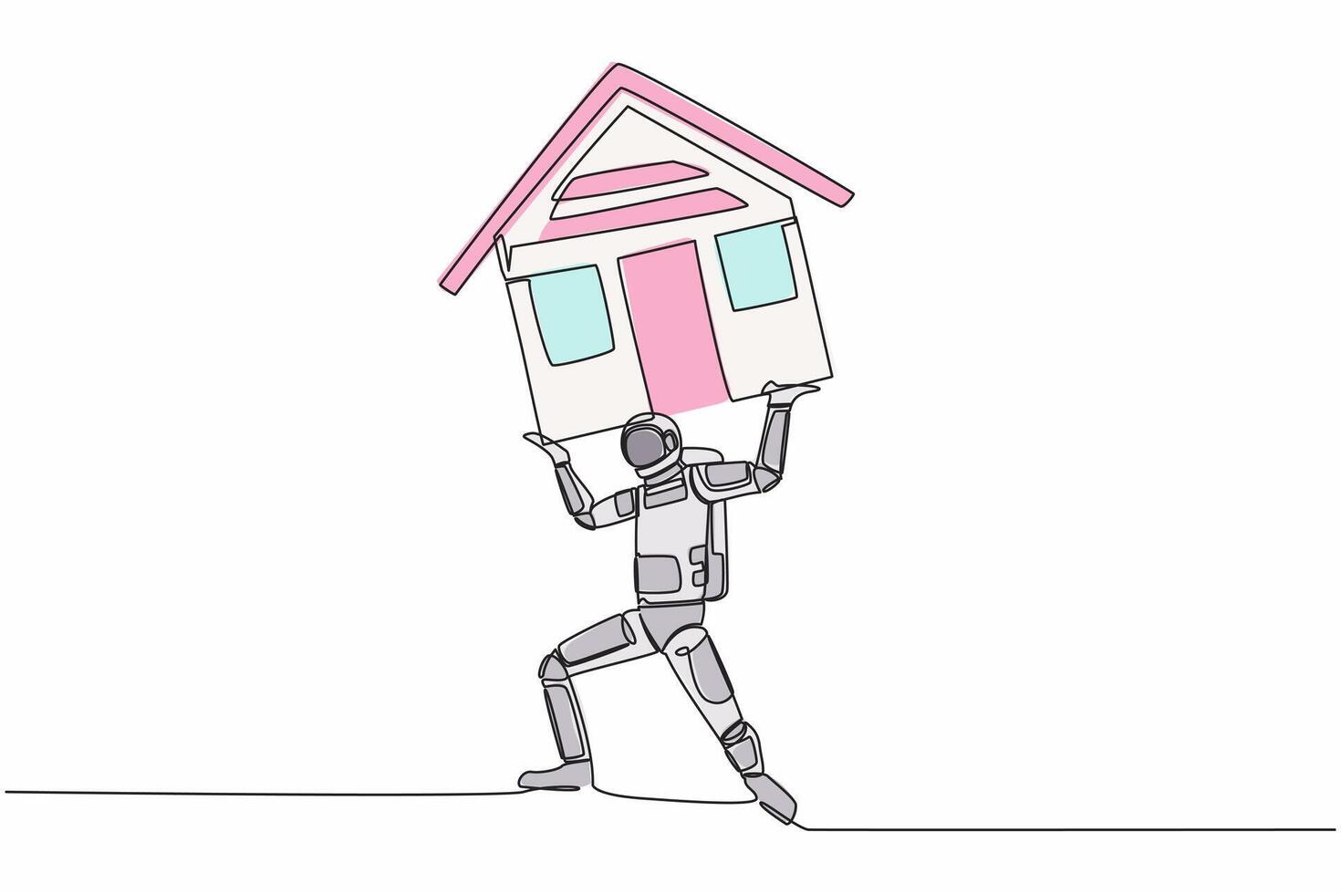 Single continuous line drawing astronaut carrying heavy house on his back in moon surface. Financial mortgage problem, taxes expenses. Cosmonaut deep space. One line design vector graphic illustration
