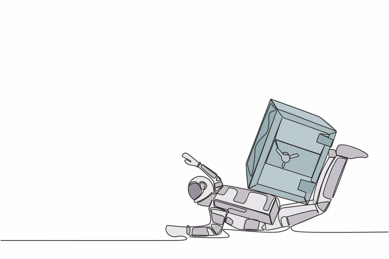 Continuous one line drawing young astronaut under heavy safe deposit box burden. Impact in pandemic crisis, bankruptcy at space industry. Cosmonaut outer space. Single line design vector illustration