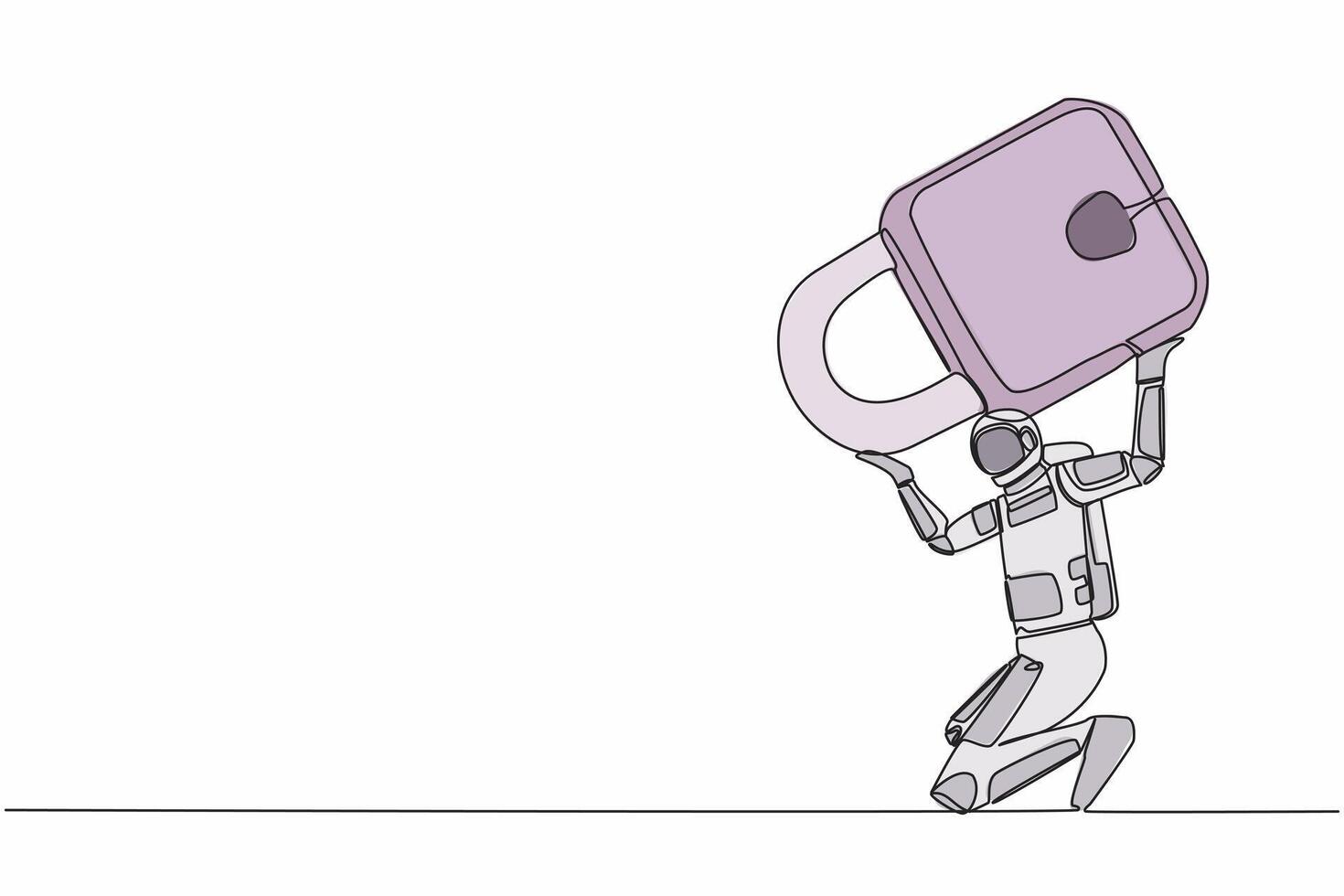 Single continuous line drawing astronaut carrying heavy padlock on his back. Space industry bankruptcy due to Covid-19 pandemic. Cosmonaut deep space. One line draw design vector graphic illustration