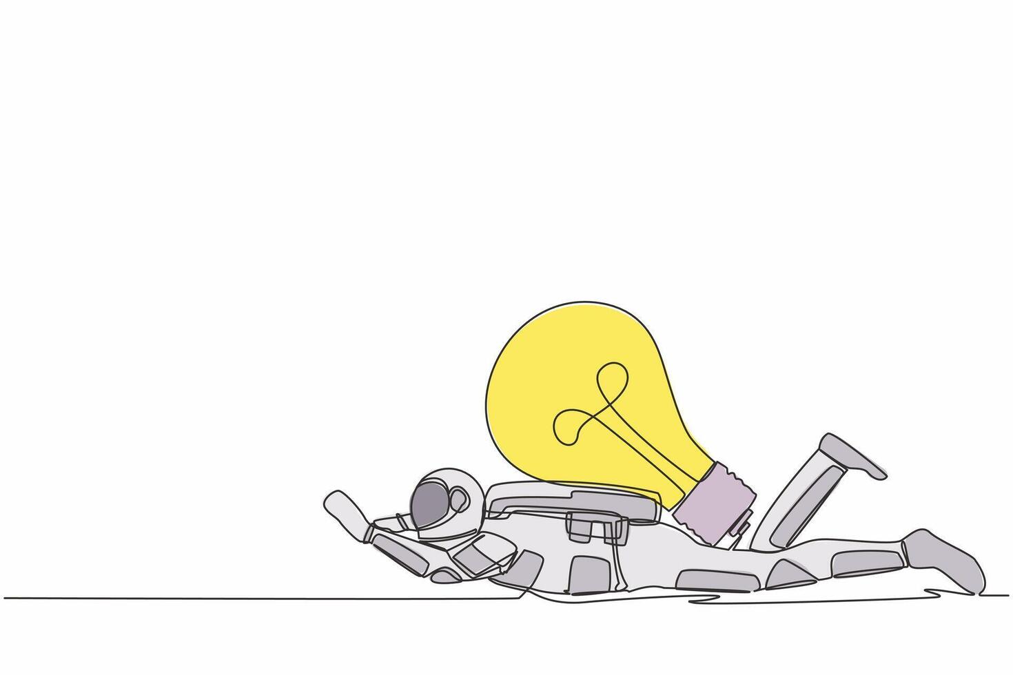 Single continuous line drawing young astronaut under heavy light bulb burden. Uninspired or no idea after business space failure. Cosmonaut deep space. One line draw design vector graphic illustration