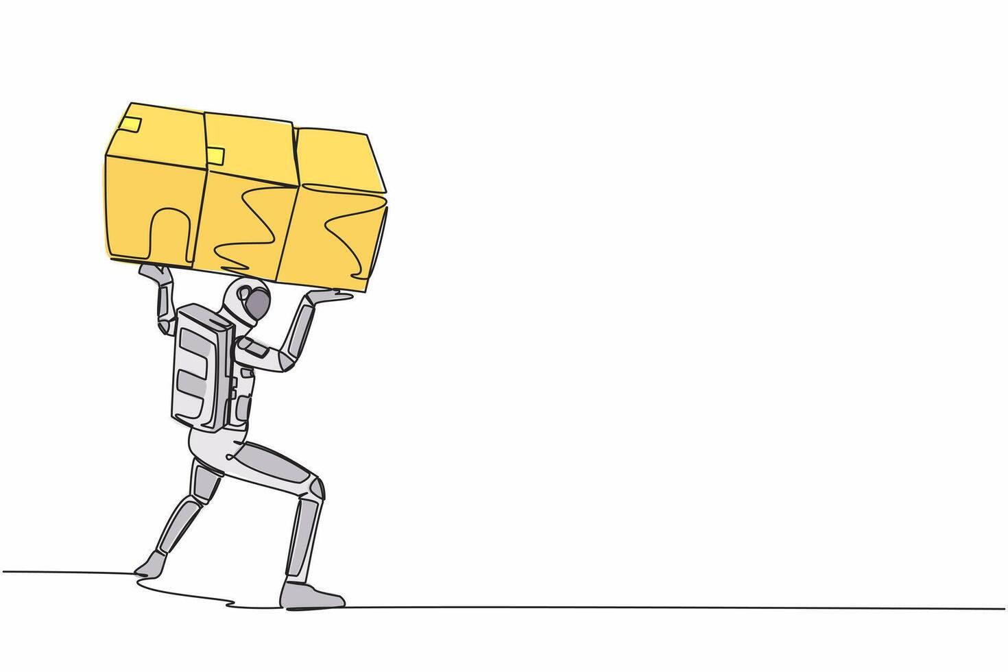 Single continuous line drawing of astronaut carrying heavy pile of box on his back. Frustration spaceman with stack of cardboard. Cosmonaut deep space. One line draw design vector graphic illustration