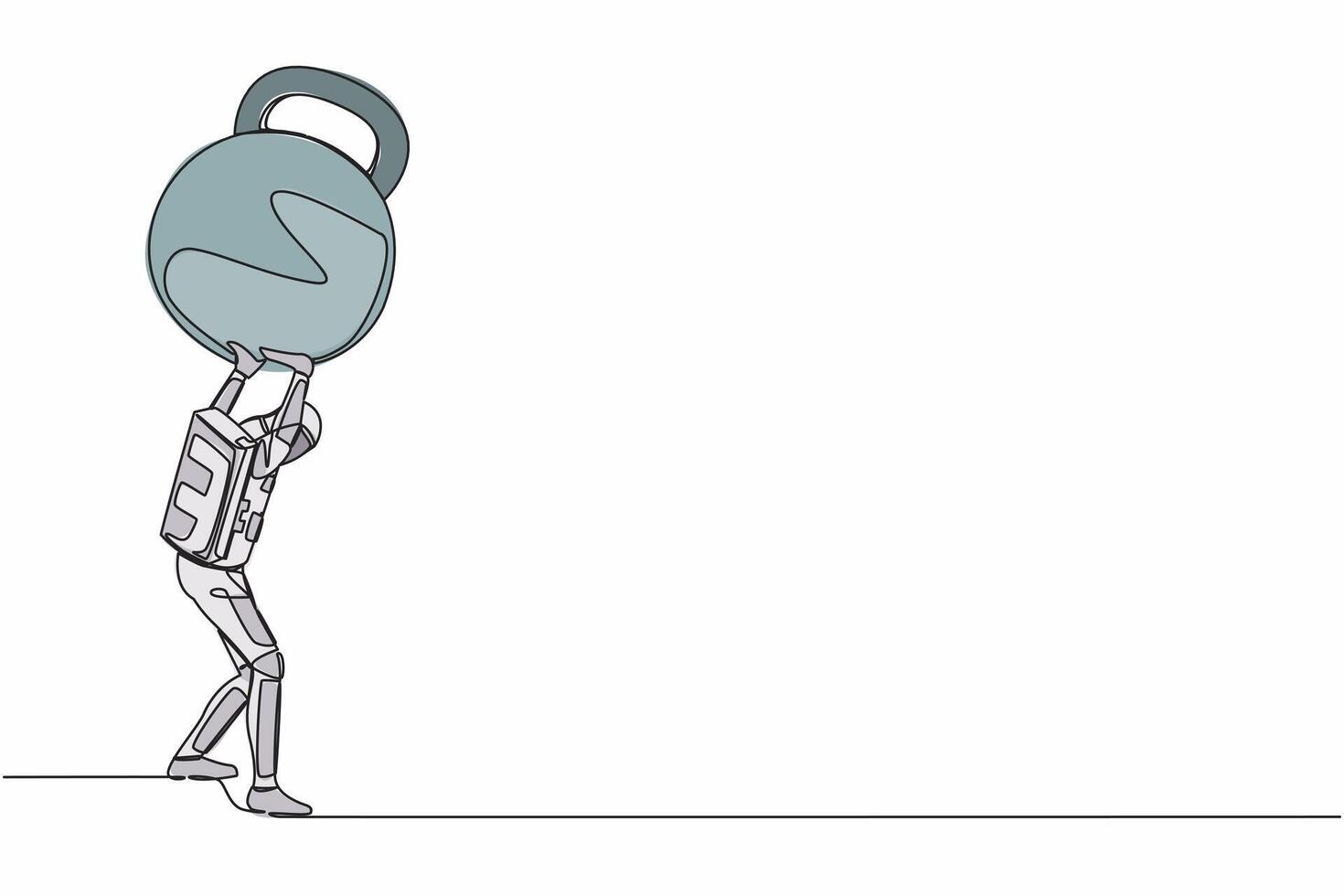 Single one line drawing of young astronaut carrying heavy kettlebell on his back. Financial crisis and credit payment in space company. Cosmic galaxy space. Continuous line design vector illustration