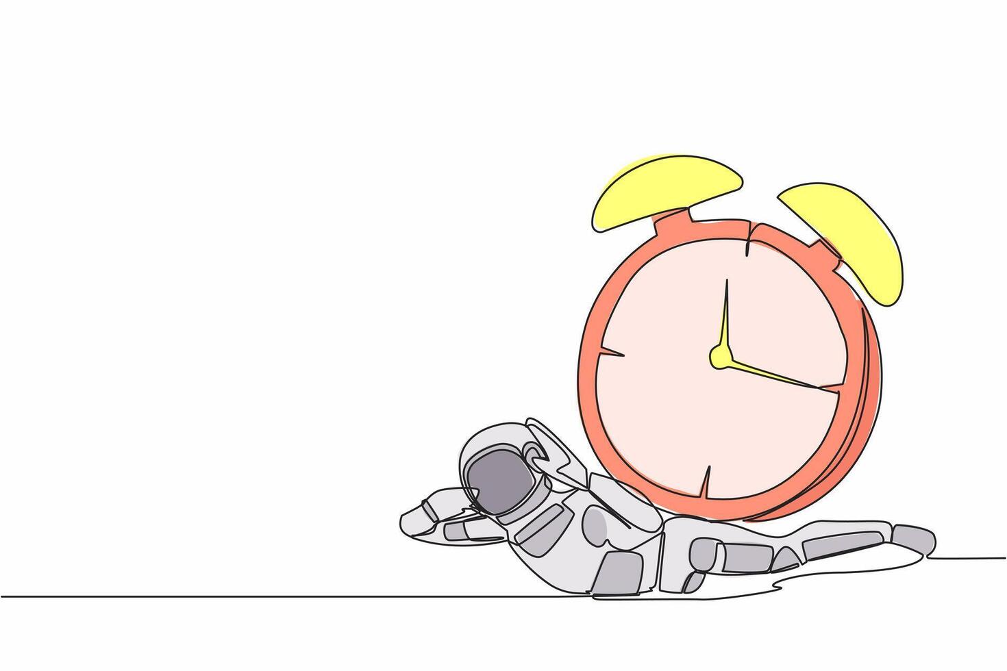 Single one line drawing of young astronaut under heavy alarm clock burden in moon surface. Work pressure at spaceship business project. Cosmic galaxy space. Continuous line design vector illustration