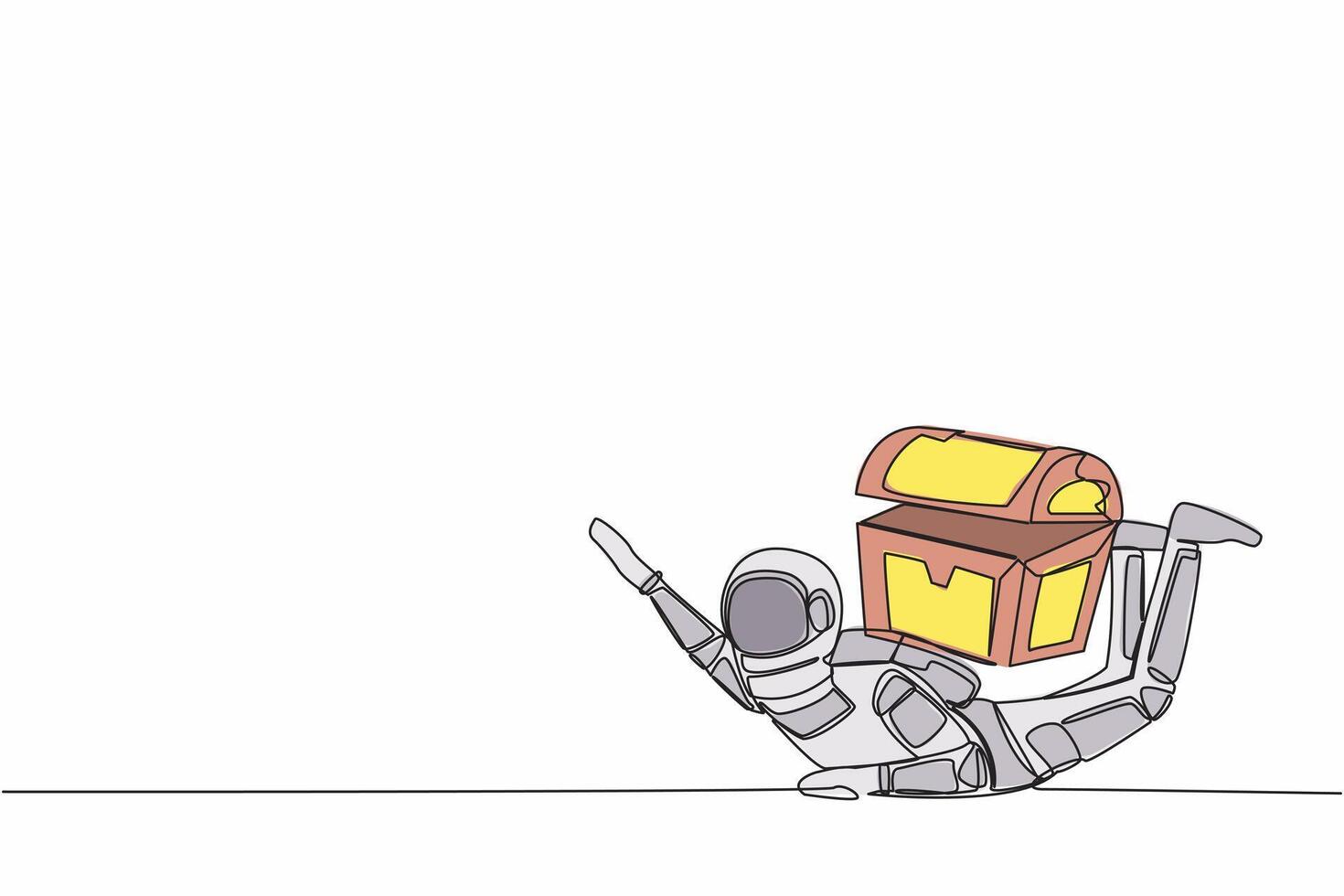 Single continuous line drawing young astronaut under heavy treasure chest burden. Trouble searching for treasure in outer space. Cosmonaut deep space. One line draw design vector graphic illustration