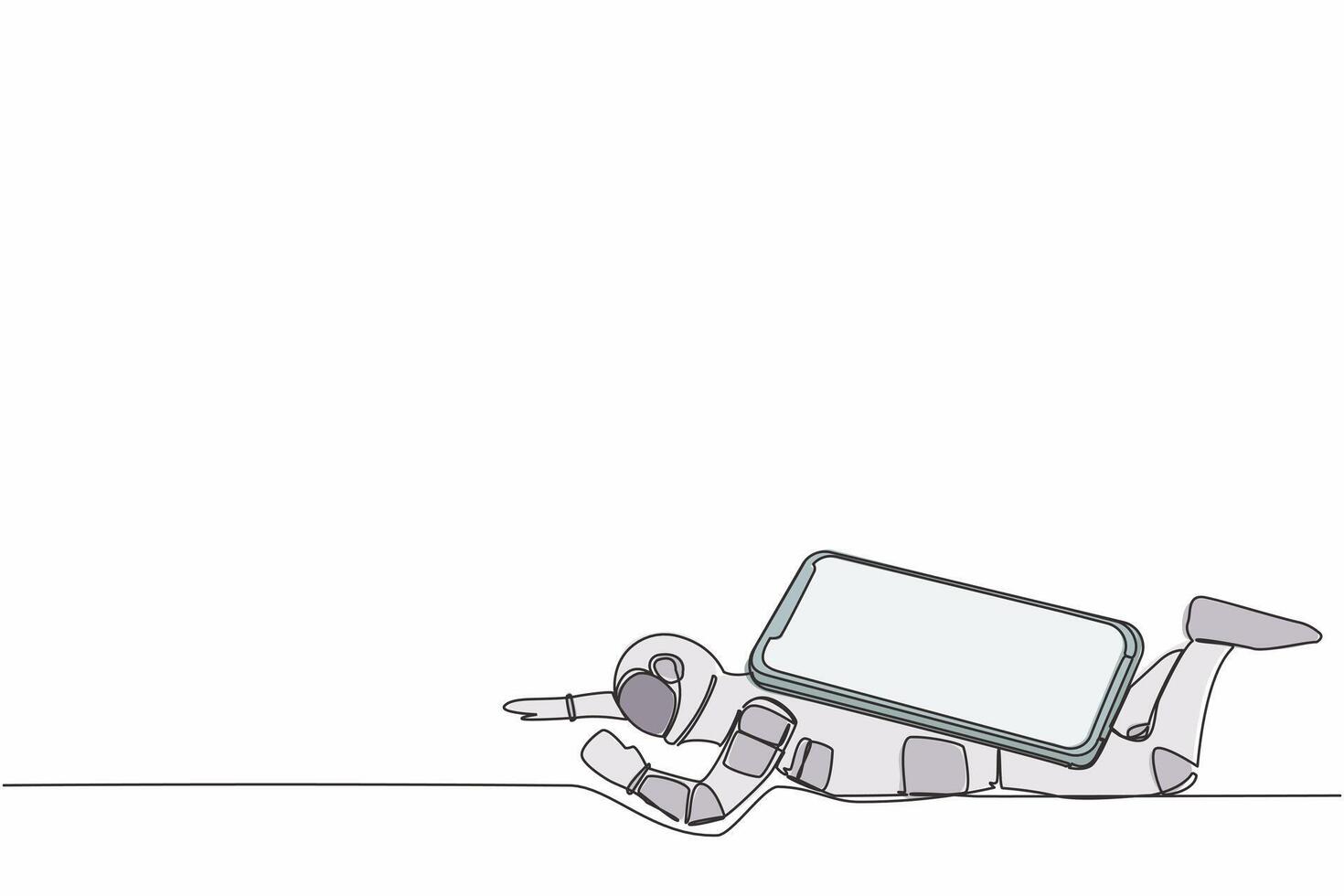 Single continuous line drawing young astronaut under heavy smartphone burden. Stressed due to overworked in spaceship industry. Cosmonaut deep space. One line draw design vector graphic illustration