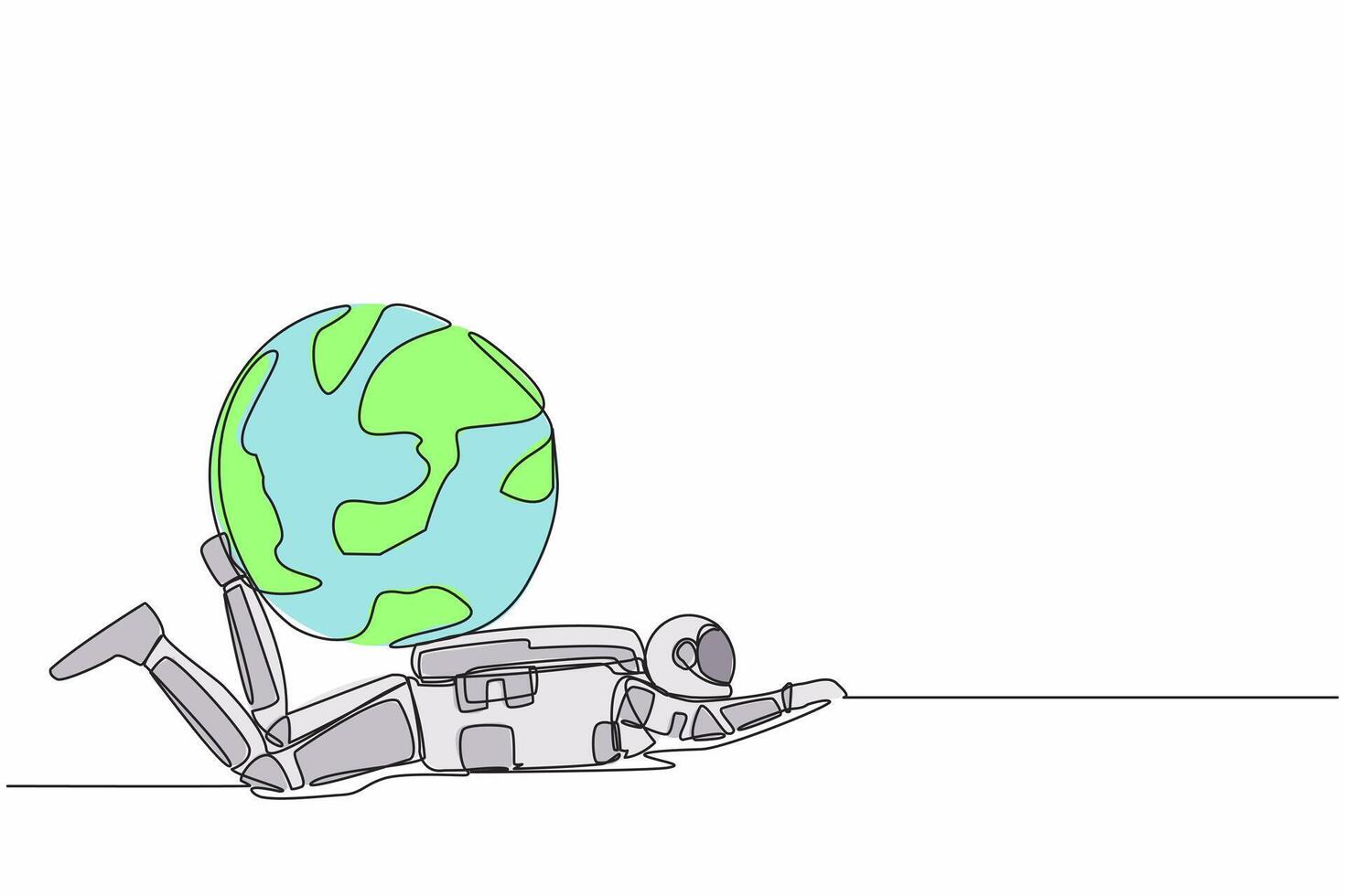 Single one line drawing of young astronaut under heavy globe burden in moon surface. Earth exploitation, spaceship industrial pollution. Cosmic galaxy space. Continuous line design vector illustration
