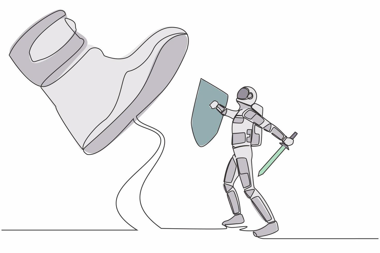 Single one line drawing young astronaut fight to giant foot with shield and sword in moon surface. Spaceman against boss big shoe stomp. Cosmic galaxy space. Continuous line design vector illustration