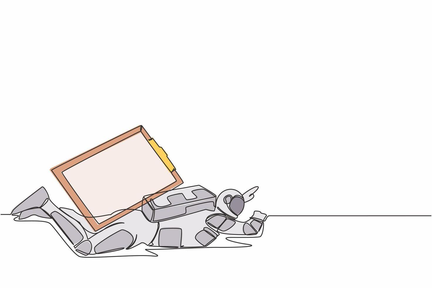 Continuous one line drawing young astronaut under heavy clipboard burden. Busy spaceman with checklist expedition tasks document. Cosmonaut outer space. Single line graphic design vector illustration