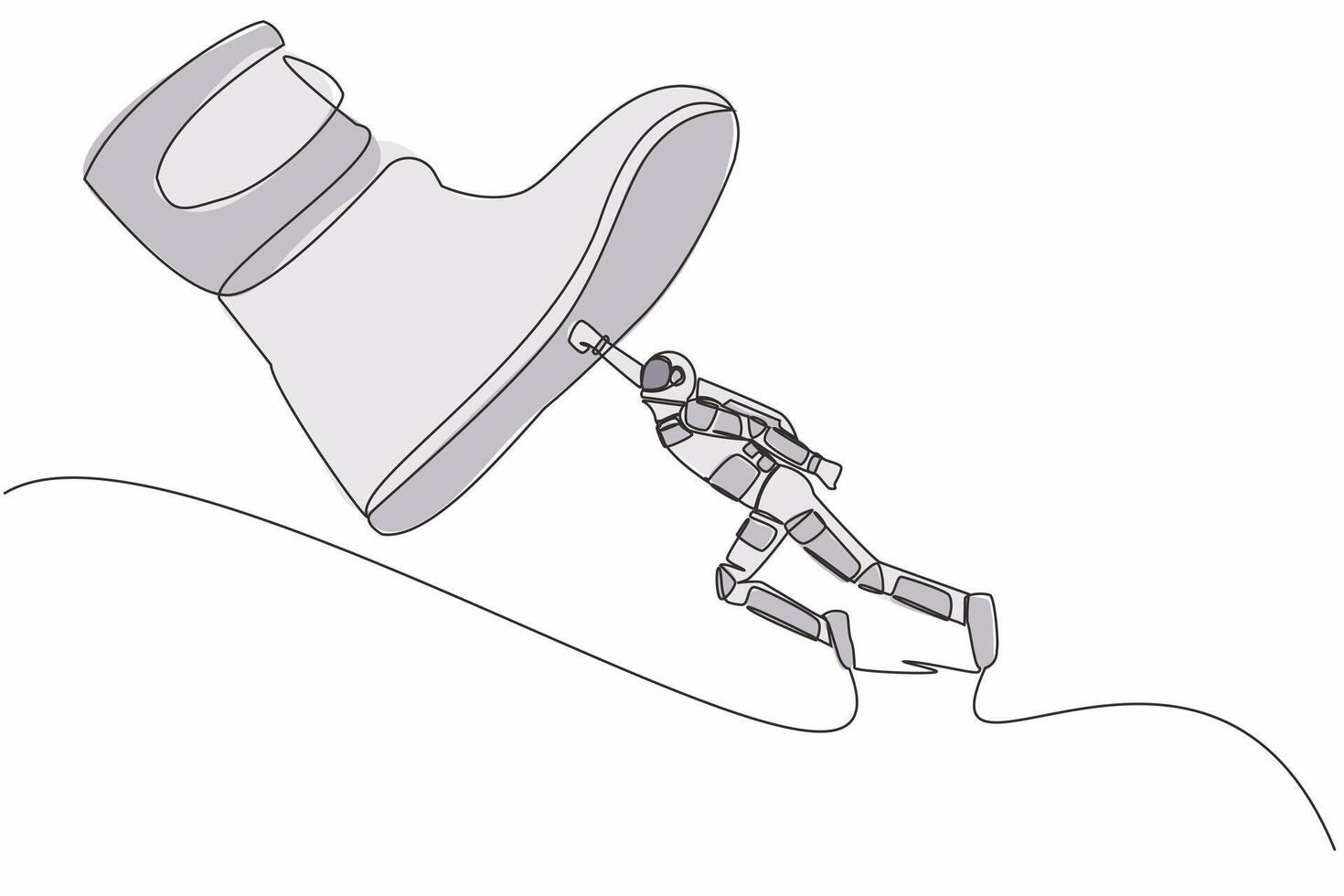 Single continuous line drawing young astronaut flying with jetpack against giant shoes stomping. Spaceman fly up against giant foot step. Cosmonaut deep space. One line draw design vector illustration