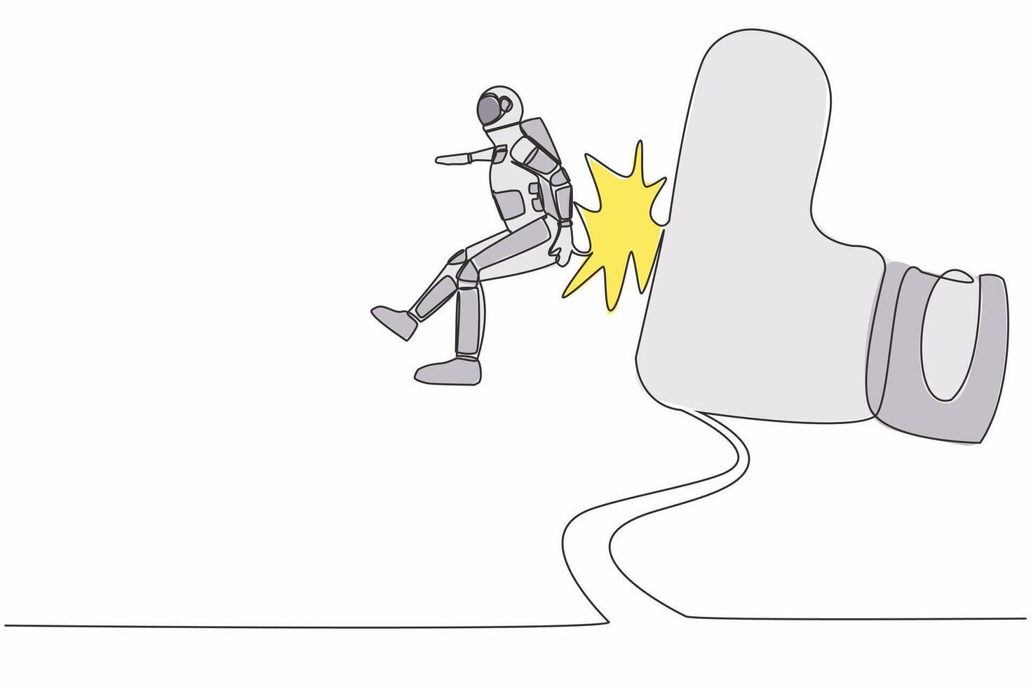 Continuous one line drawing young astronaut getting fired, flying through air after being kicked in the back in moon surface. Cosmonaut outer space. Single line draw graphic design vector illustration