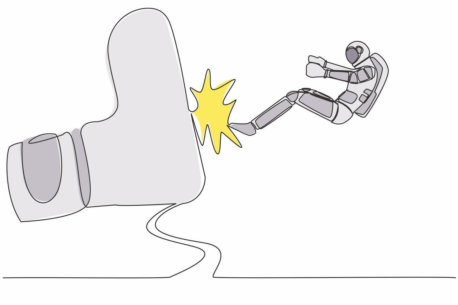 Single one line drawing young astronaut kicked out by big foot in moon surface. Bankruptcy, insolvency. Spaceman become unemployed. Cosmic galaxy space. Continuous line draw design vector illustration