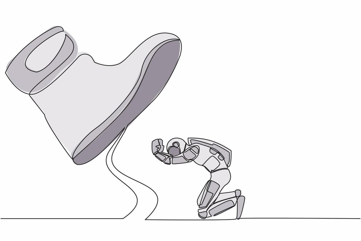 Single continuous line drawing young astronaut kneel down under giant feet. Concept for science authority, exploitation, dictator figure. Cosmonaut deep space. One line draw design vector illustration