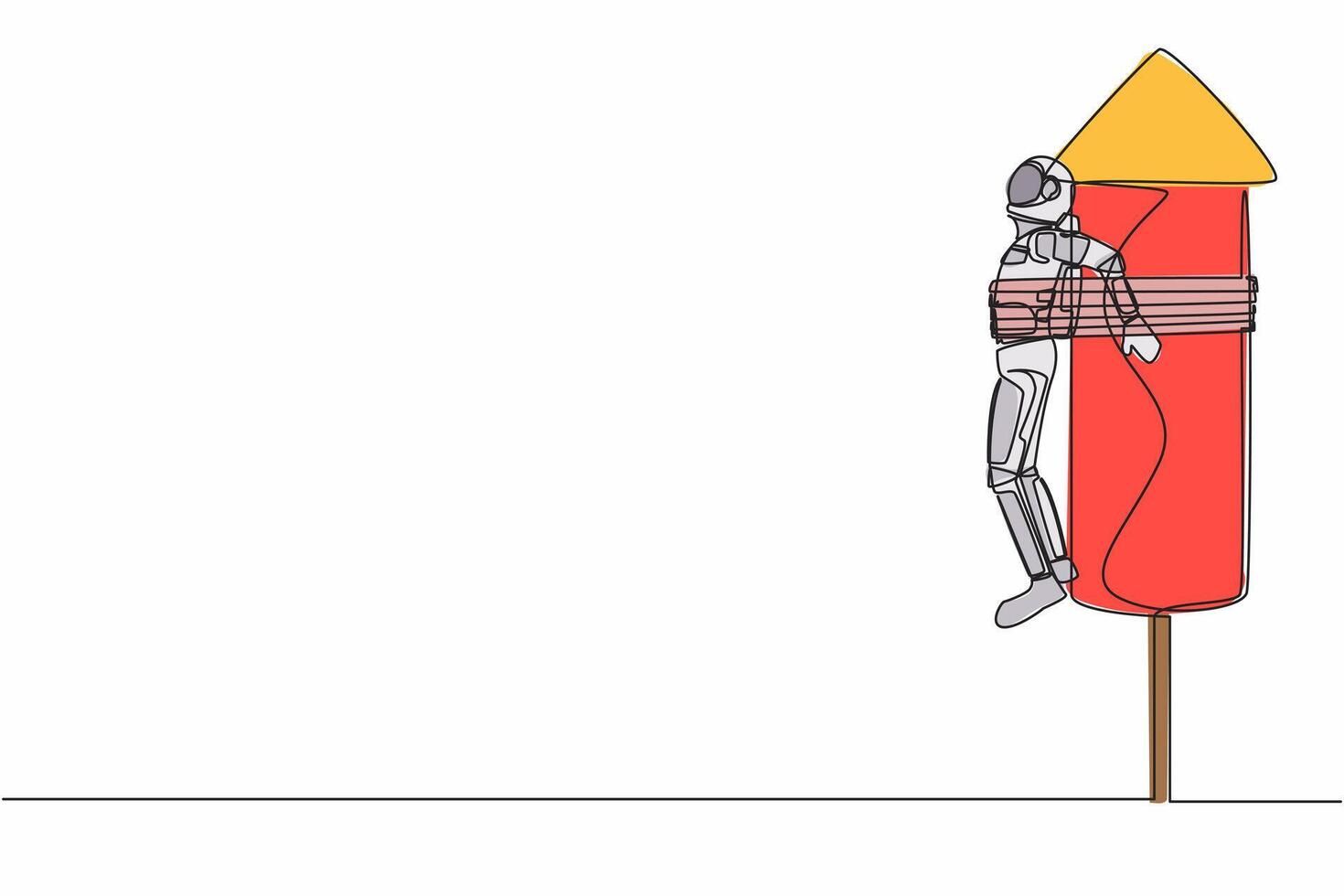 soltero continuo línea dibujo joven astronauta siendo atado a lanzamiento cohete, sensación ansioso y asustado. futuro astronave desarrollo. cosmonauta profundo espacio. uno línea dibujar diseño vector ilustración