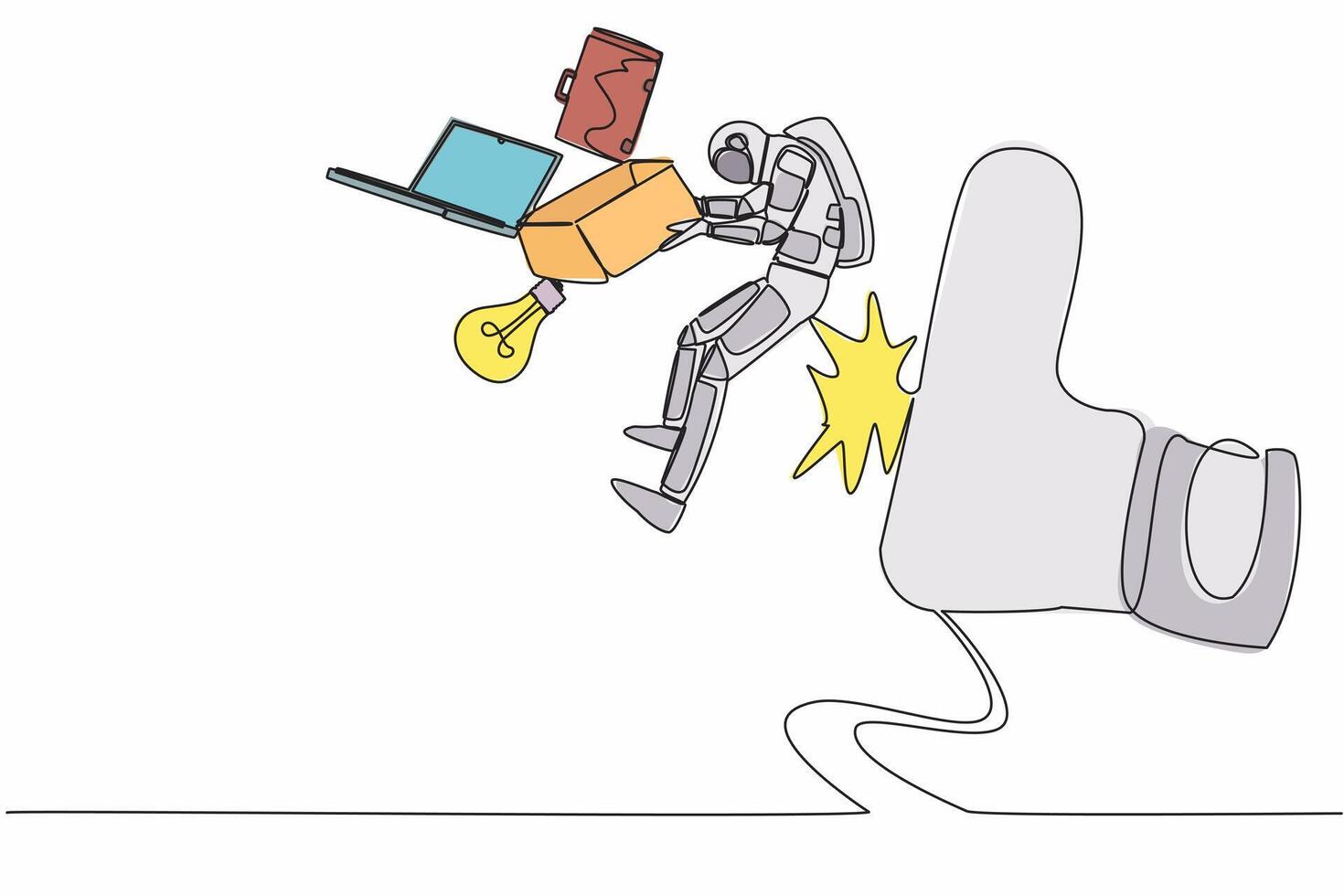 Continuous one line drawing of young astronaut kicked out of work with office supplies in moon surface. Scientist staff reduction. Cosmonaut outer space. Single line graphic design vector illustration