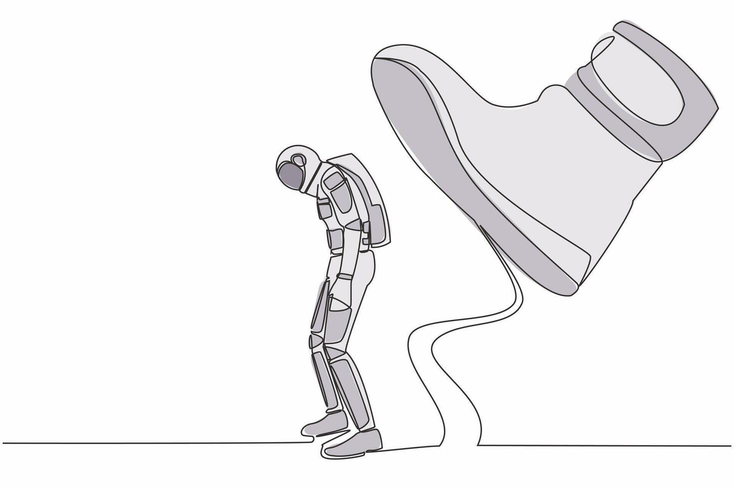 Single one line drawing young astronaut standing weak under huge boot shoe, being fired from company. Future science development. Cosmic galaxy space. Continuous line draw design vector illustration