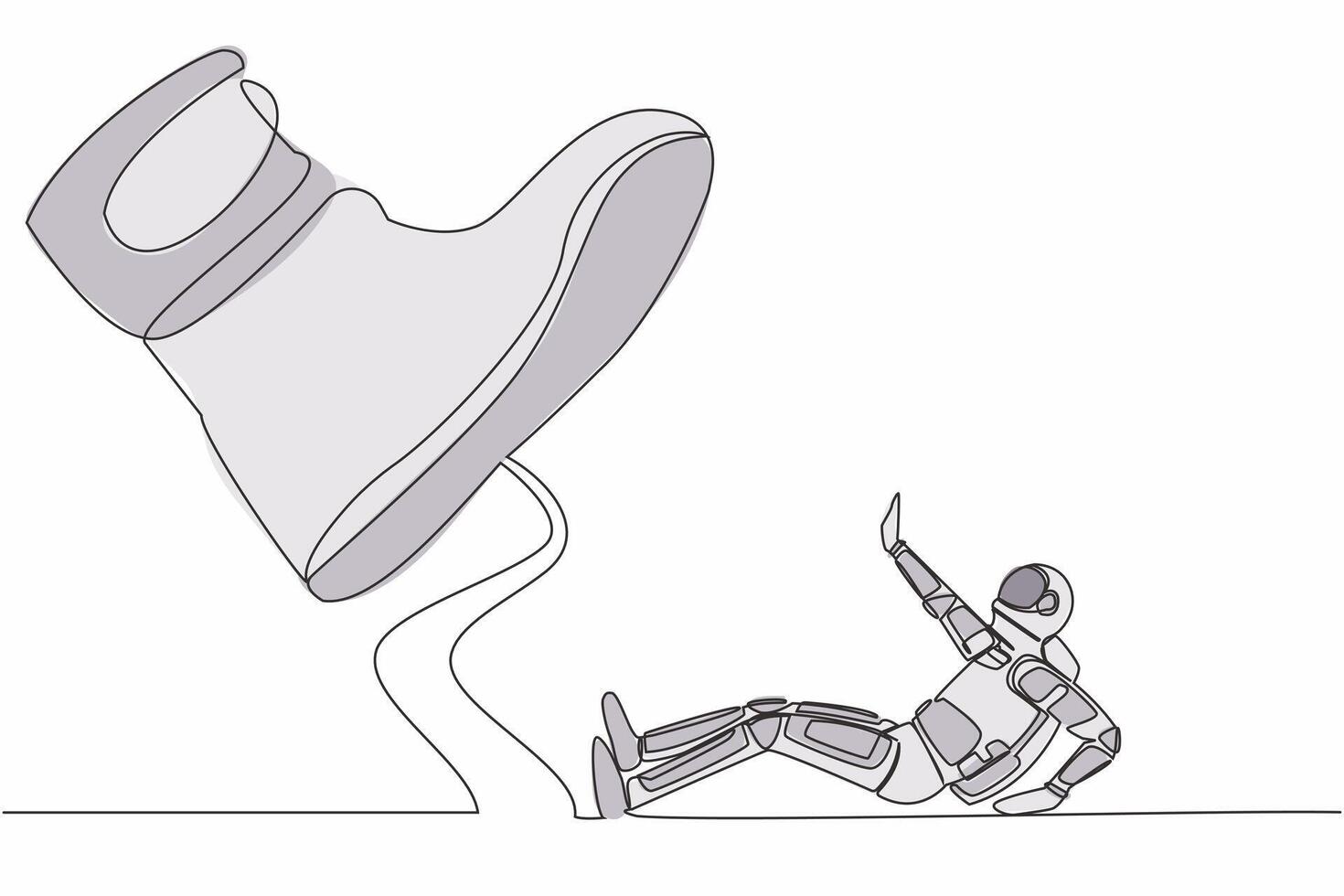 Single continuous line drawing of young astronaut under giant foot in moon surface. Big boss foot in shoe going to crush science. Cosmonaut deep space. One line draw design vector graphic illustration