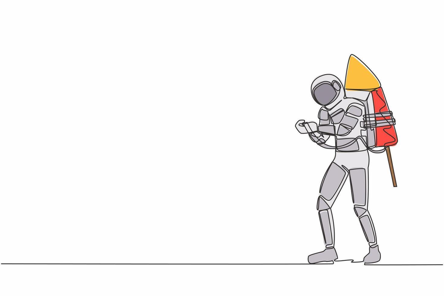 Single continuous line drawing astronaut ignites big fireworks rocket attached to his back in moon surface. Ready to space expedition. Cosmonaut deep space. One line design vector graphic illustration