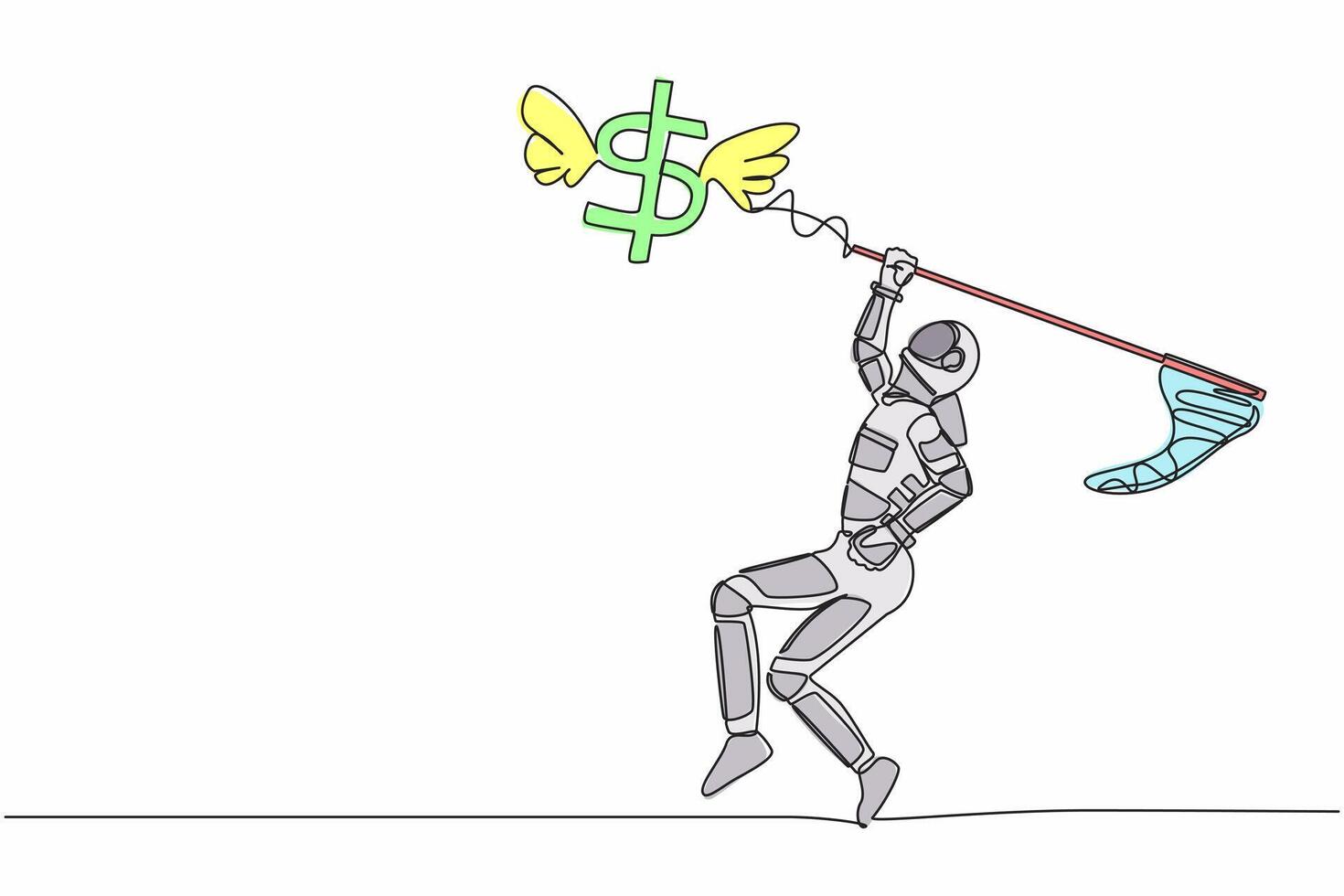 Single continuous line drawing astronaut try to catching flying dollar sign symbol with butterfly net. Economic crisis impacted space company. Cosmonaut deep space. One line design vector illustration