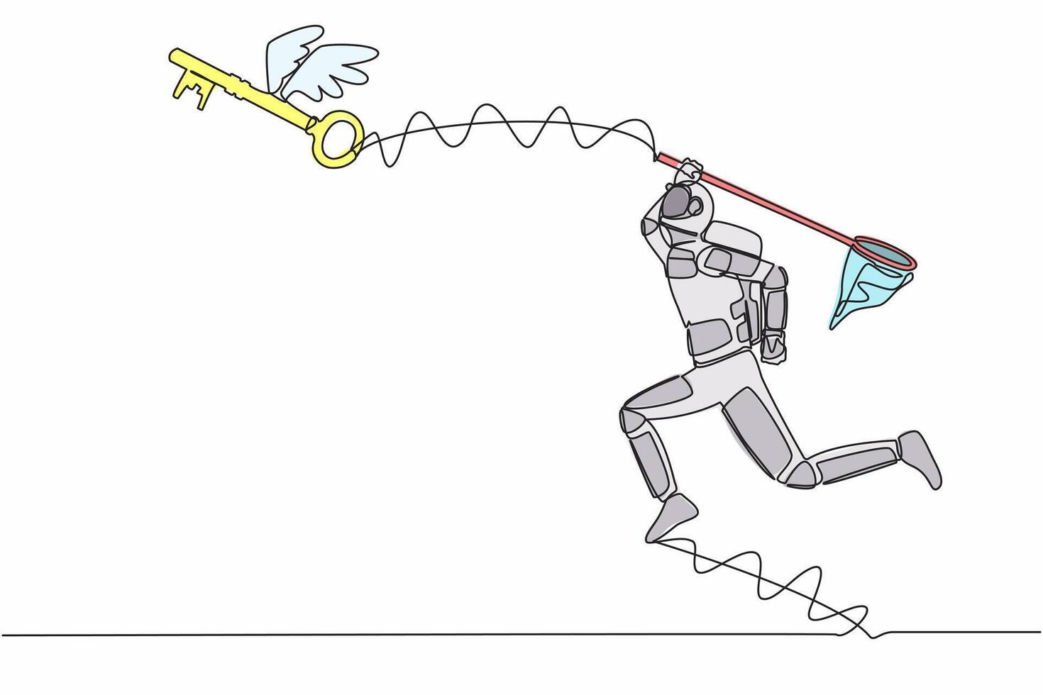 Single continuous line drawing of young astronaut try to catching flying key with butterfly net. Find key to solve spaceship problems. Cosmonaut deep space. One line design vector graphic illustration