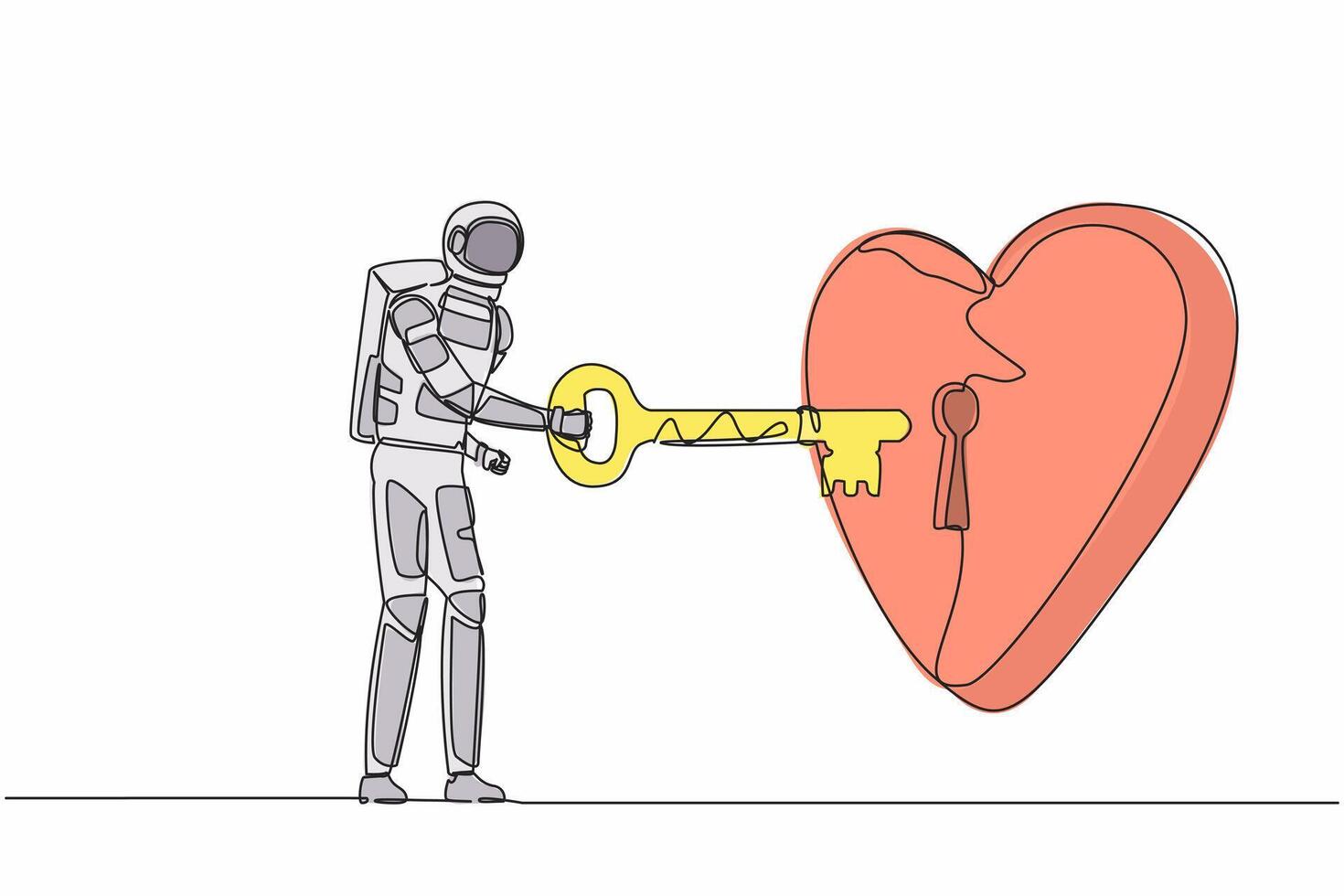 Single one line drawing young astronaut putting key into heart in moon surface. Spaceman love to galactic or planet exploration. Cosmic galaxy space. Continuous line graphic design vector illustration