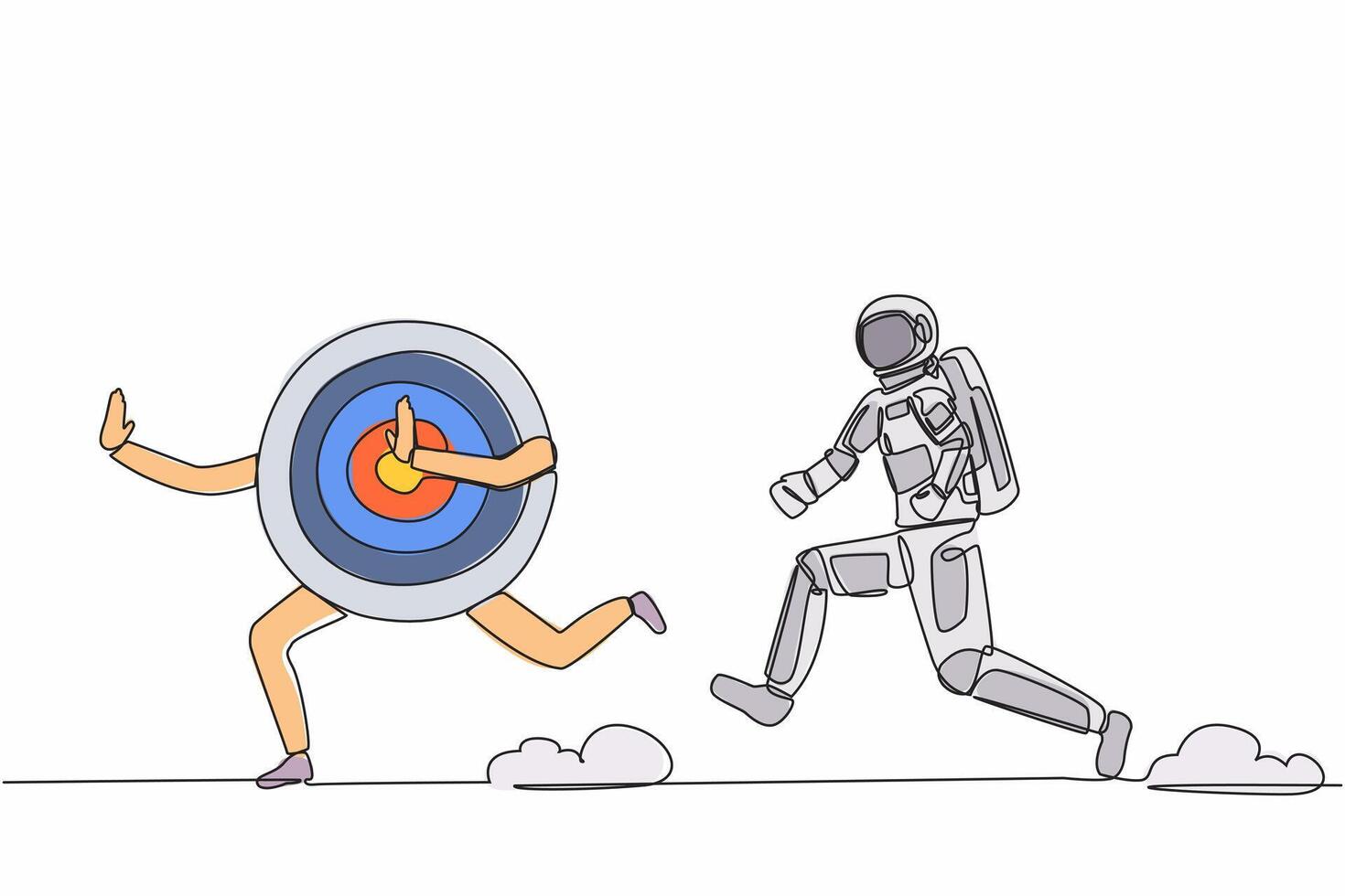 Single continuous line drawing astronaut run chase dartboard target in moon surface. Accuracy, precision planning for space missions. Cosmonaut deep space. One line design vector graphic illustration