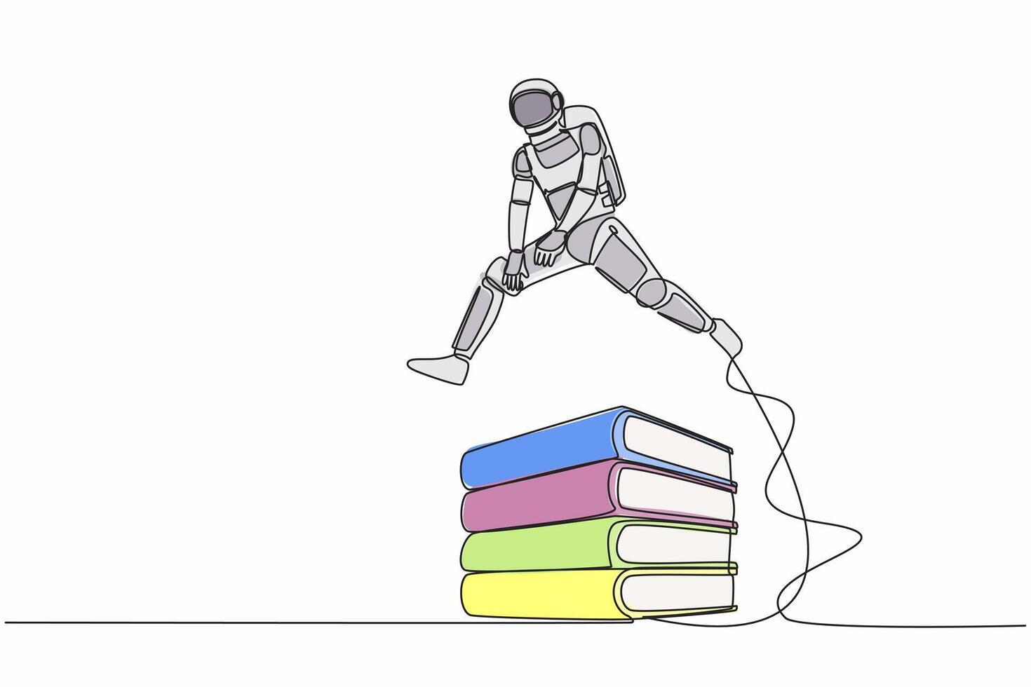 Single continuous line drawing astronaut jump over pile of binders. Spaceship expedition paperwork document. Information classification. Cosmonaut deep space. One line draw design vector illustration