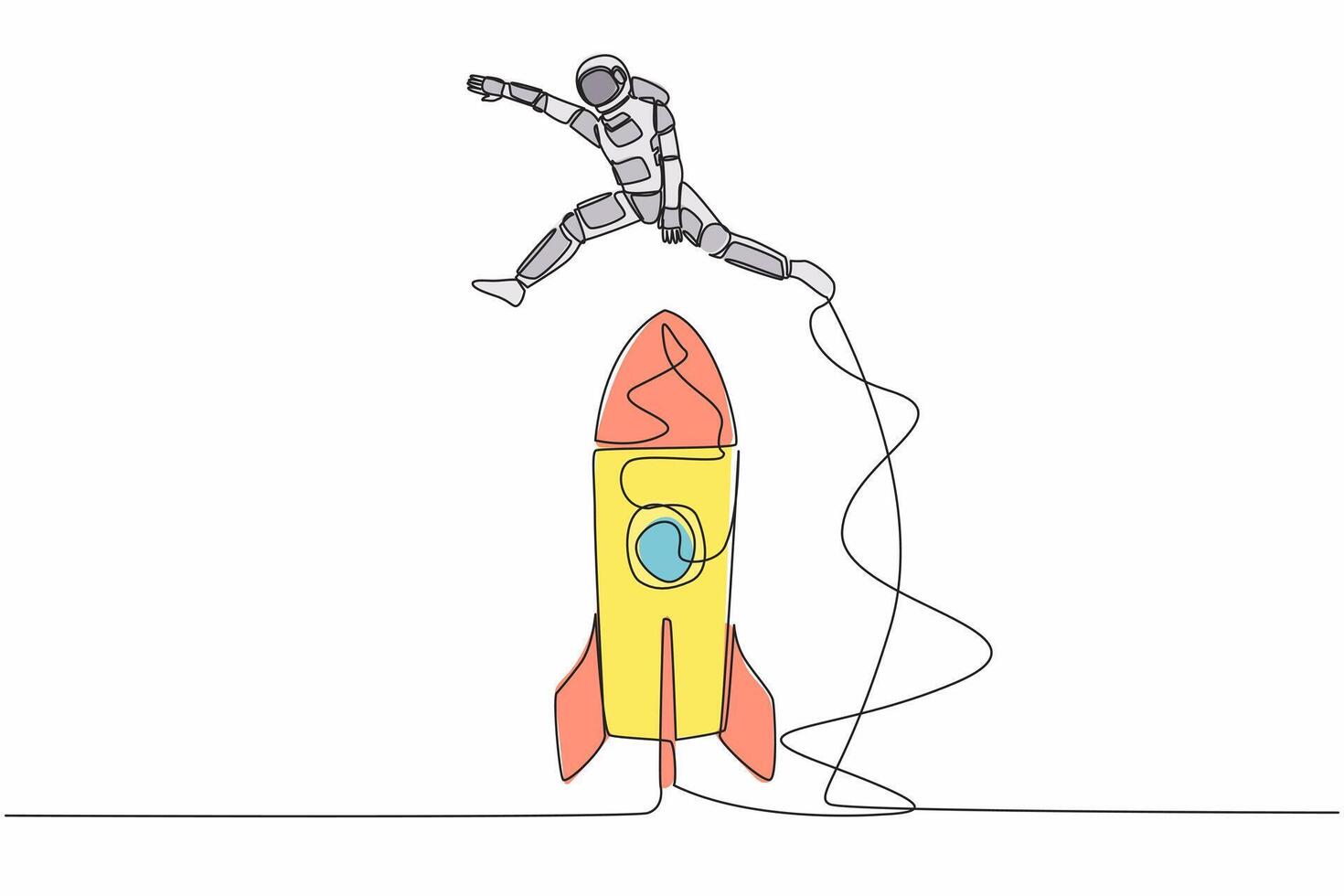 Single continuous line drawing young astronaut jumping over big spacecraft rocket. Successful galactic expedition launch preparation. Cosmonaut deep space. One line graphic design vector illustration
