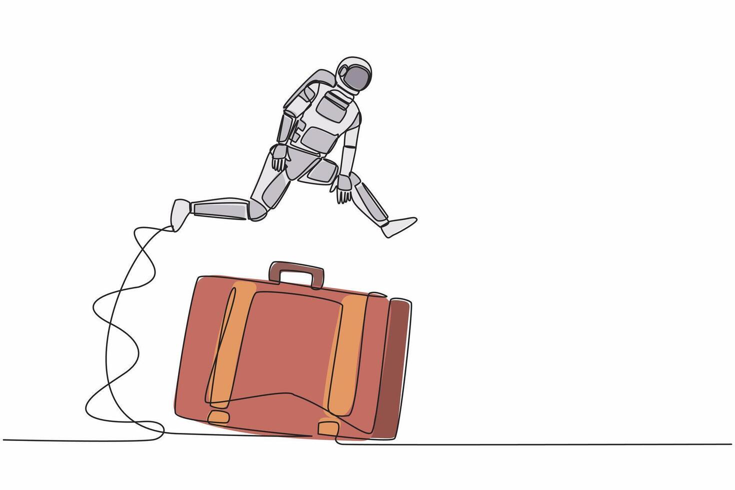 Single one line drawing young astronaut jump over big briefcase. Professional suitcase spaceman, data storage information. Cosmic galaxy space. Continuous line draw graphic design vector illustration