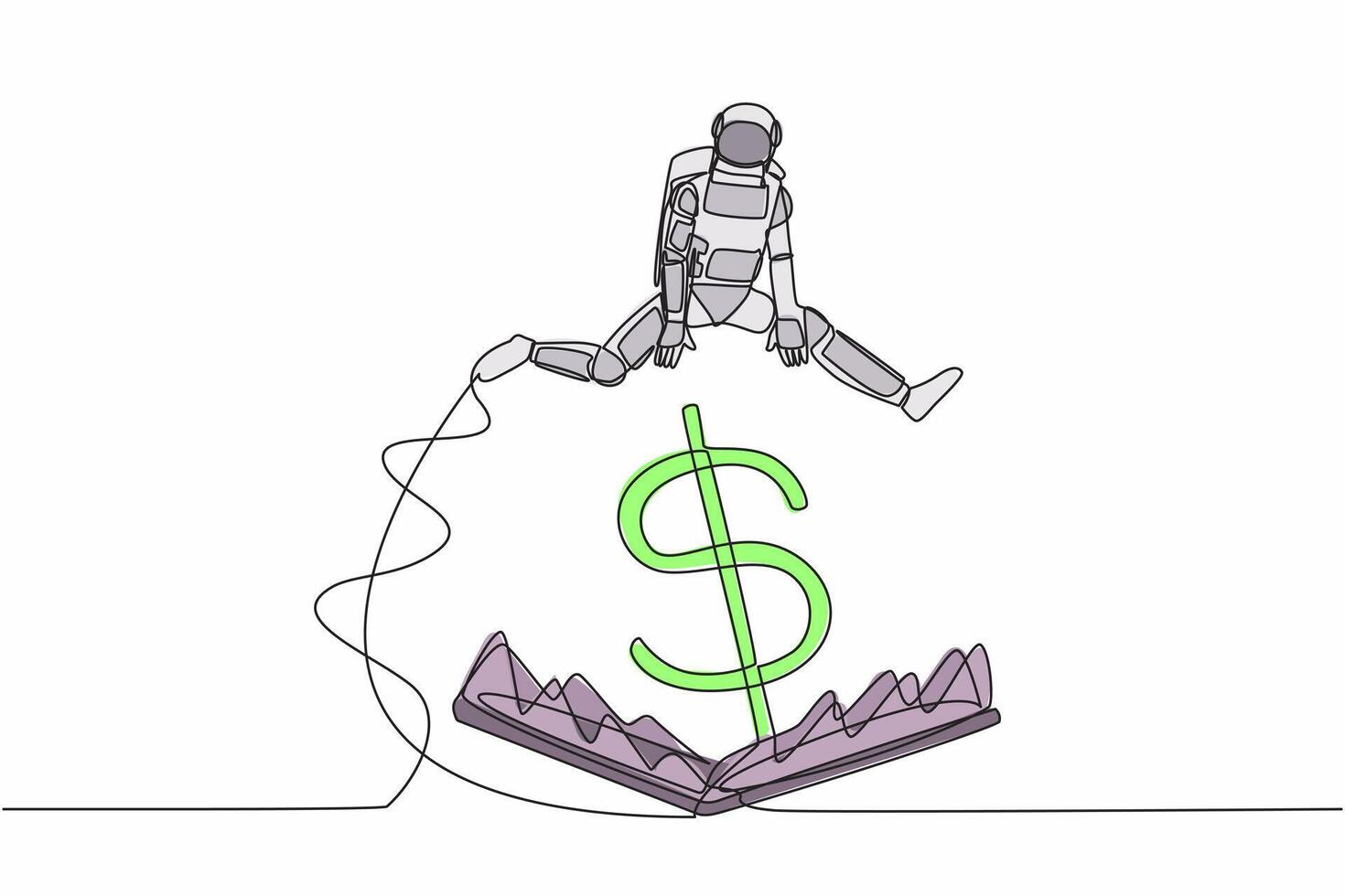 Single one line drawing astronaut jumping over money pitfall with big money dollar symbol. Financial trap in spaceship business. Cosmic galaxy space. Continuous line graphic design vector illustration