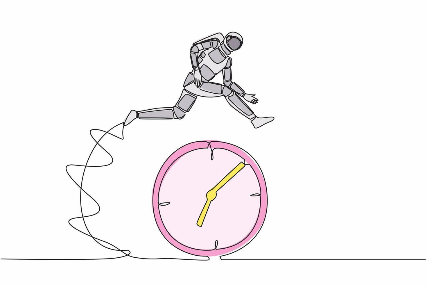 Single continuous line drawing astronaut jumping over clock. Time management and scheduling in space expedition. Work effectiveness. Cosmonaut deep space. One line graphic design vector illustration
