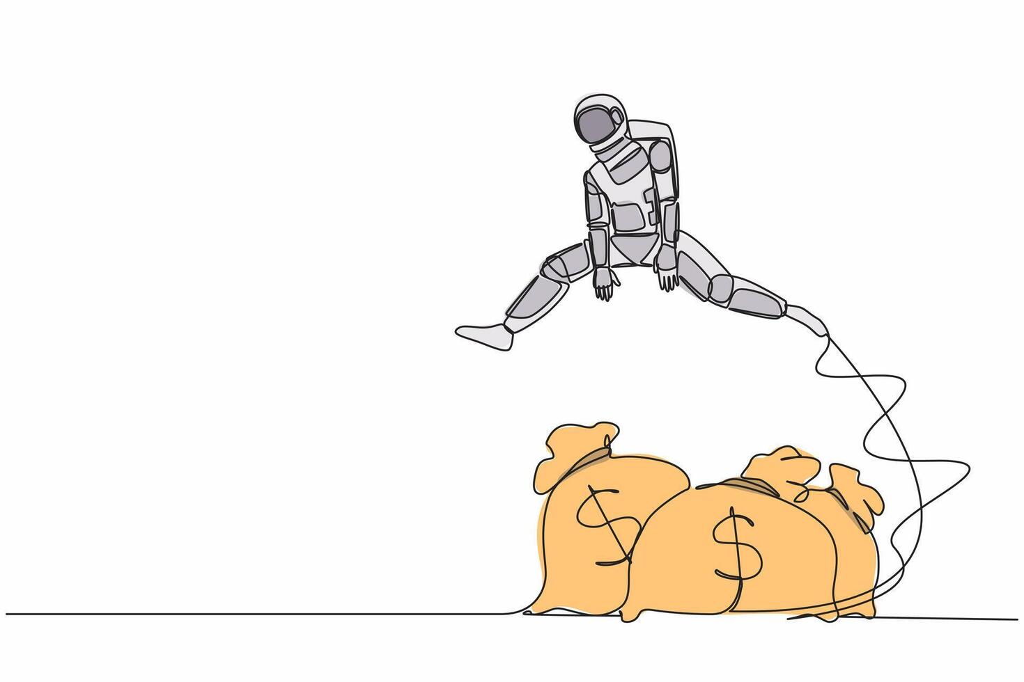 Continuous one line drawing astronaut jumping over money bag. Loan capital funding for space company, money help in crisis. Cosmonaut outer space. Single line draw graphic design vector illustration