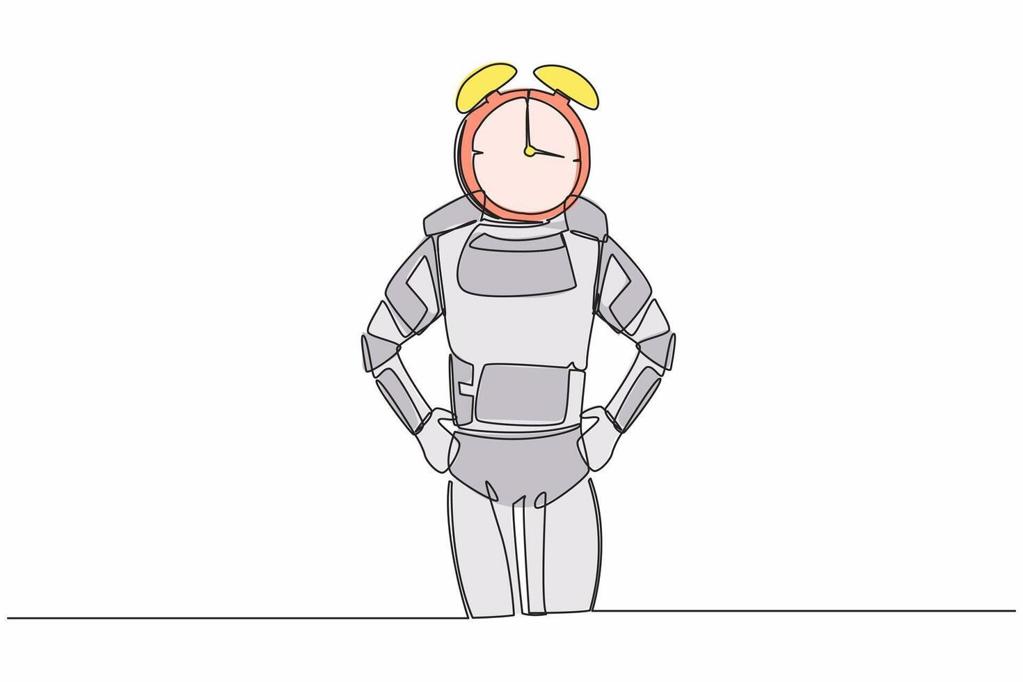 continuo uno línea dibujo de joven astronauta con alarma reloj en lugar de cabeza. astronauta estrés en astronave exploración proyecto. cosmonauta exterior espacio. soltero línea gráfico diseño vector ilustración
