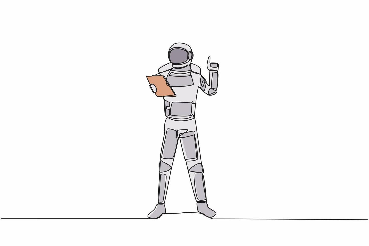 Single one line drawing of young astronaut holding clipboard and pointing index finger up in moon surface. Cosmic galaxy space concept. Modern continuous line draw graphic design vector illustration