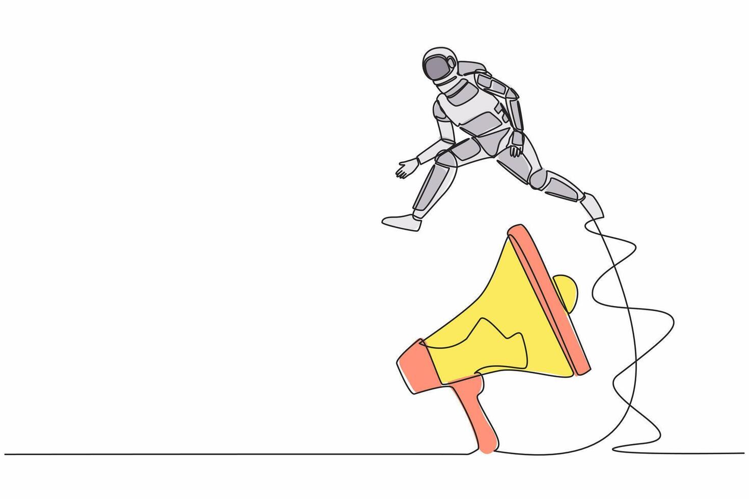 Continuous one line drawing young astronaut jumping over big megaphone. Loudspeaker technology. Announcement in space office control. Cosmonaut outer space. Single line draw design vector illustration